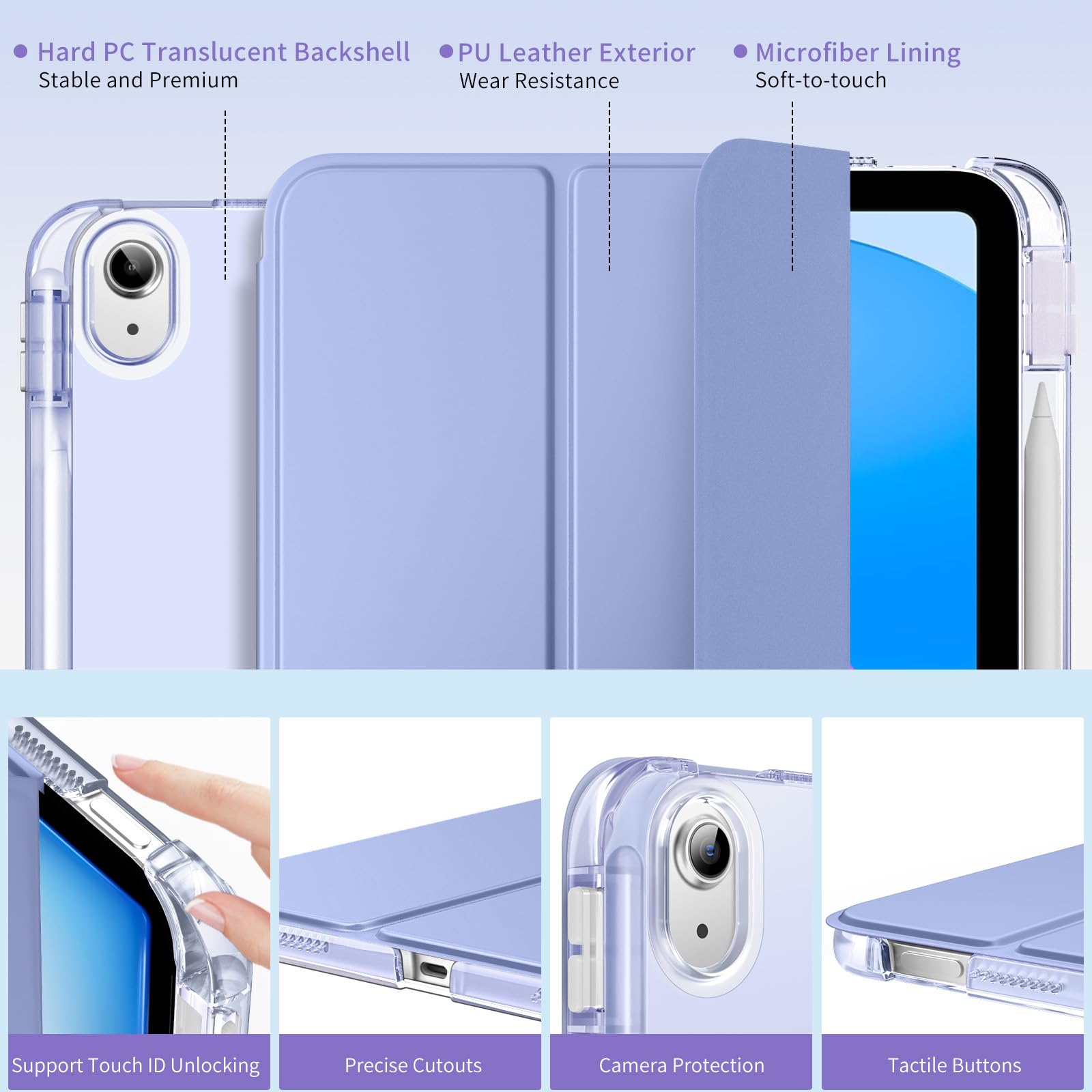 MoKo Cover per iPad Air 11 Pollici Case M3/M2 2025/2024, iPad Air 5a/4a Gen 10,9" Custodia 2022/2020 con Portapenna, Cover Trifold Sottile e Leggera con Retro in PC Rigido Traslucido, Lavanda Viola