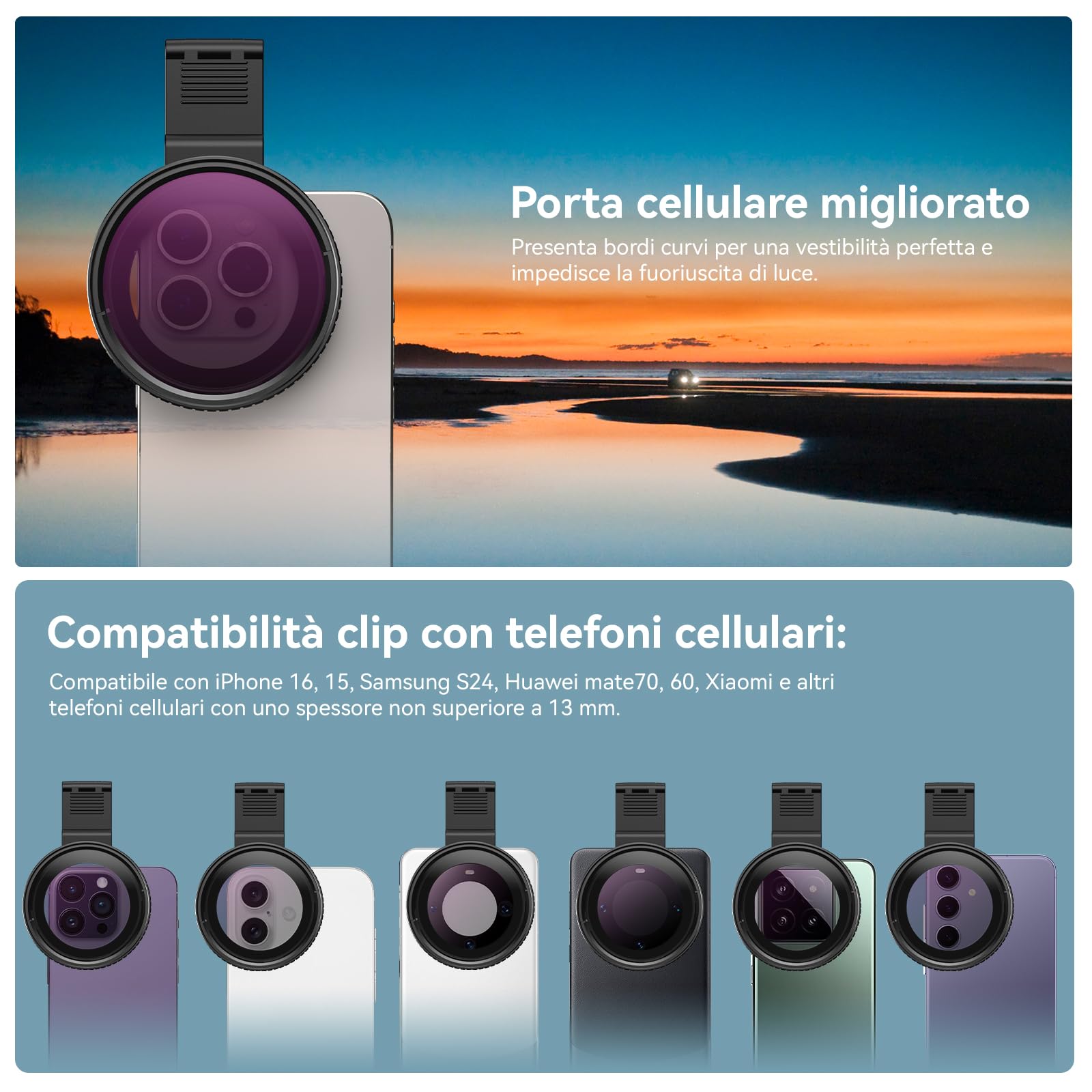 APEXEL Filtro Universale per Cellulare, Filtro Variabile ND2-ND400 da 67 mm, Adatto per iPhone 17/16/15... Samsung, Xiaomi e Altri Smartphone