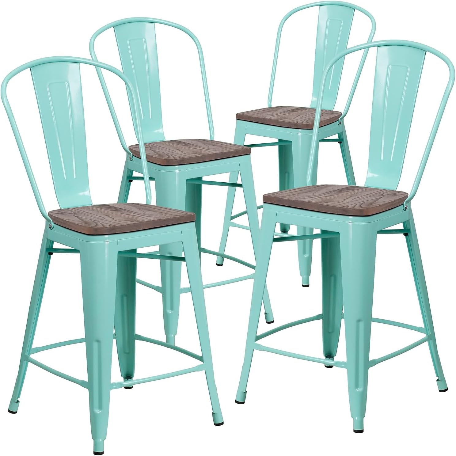 Flash Furniture Blake 4 Pk. 24" High Mint Green Metal Counter Height Stool with Back and Wood Seat