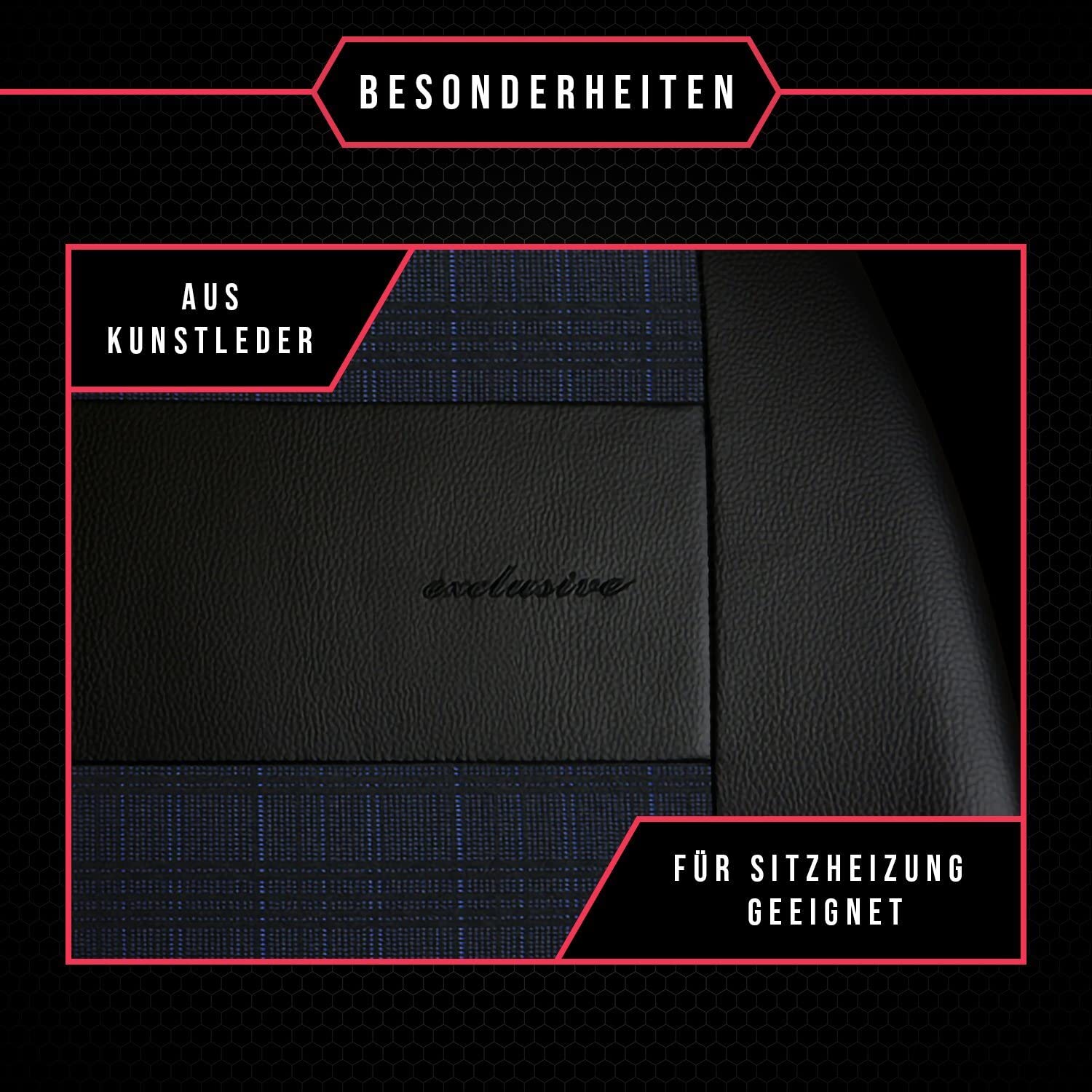 3er Set Saferide Autositzbezüge PKW universal | Auto Sitzbezüge Kunstleder Blau für Airbag geeignet | für Vordersitze und Rückbank | 1+1 Autositze vorne und 1 Sitzbank hinten teilbar 2 Reißverschlüsse