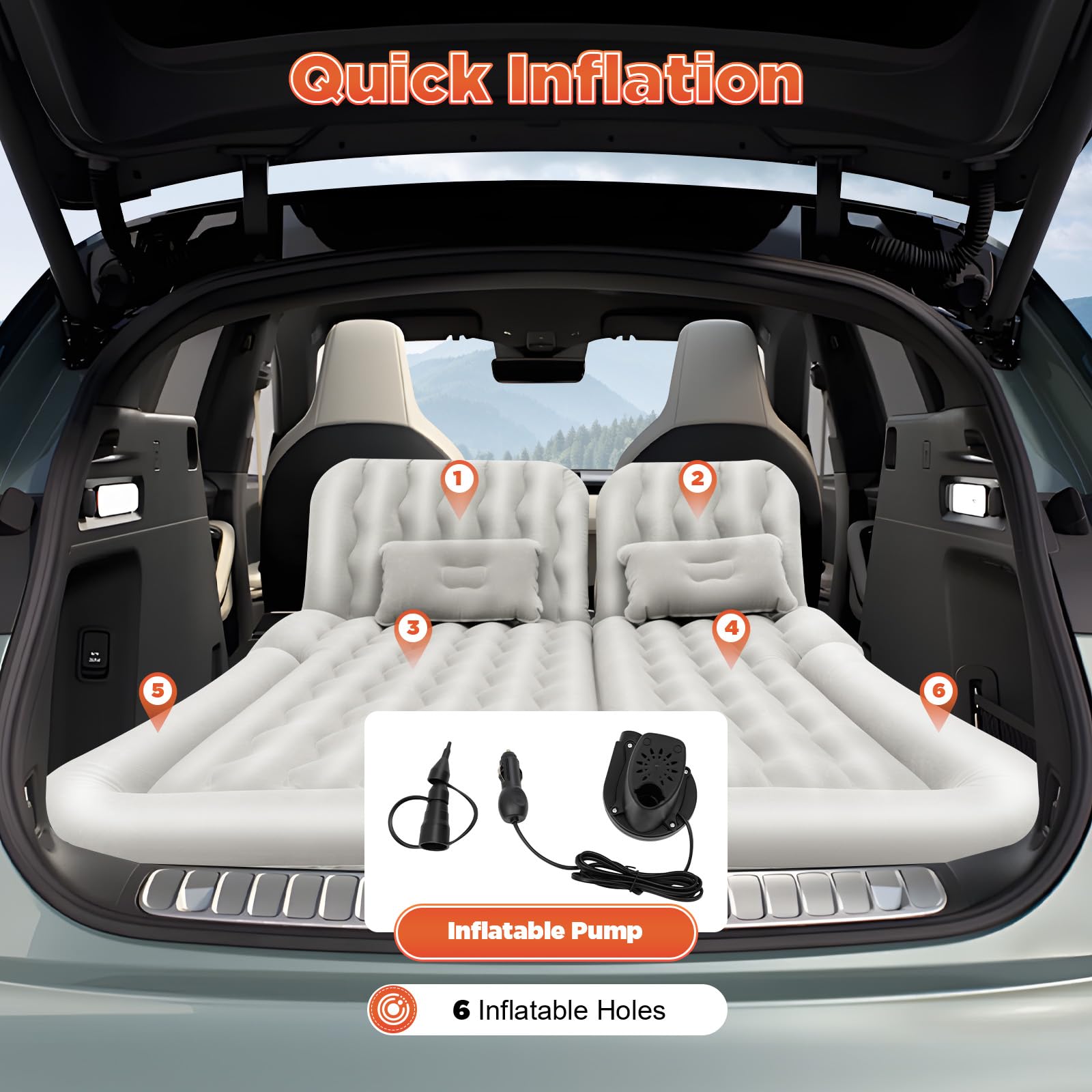Materasso ad aria SUV, materasso gonfiabile per auto, con pompa ad aria e 2 cuscini, portatile, doppio lato spesso, per campeggio, viaggi, attività all'aperto (grigio)