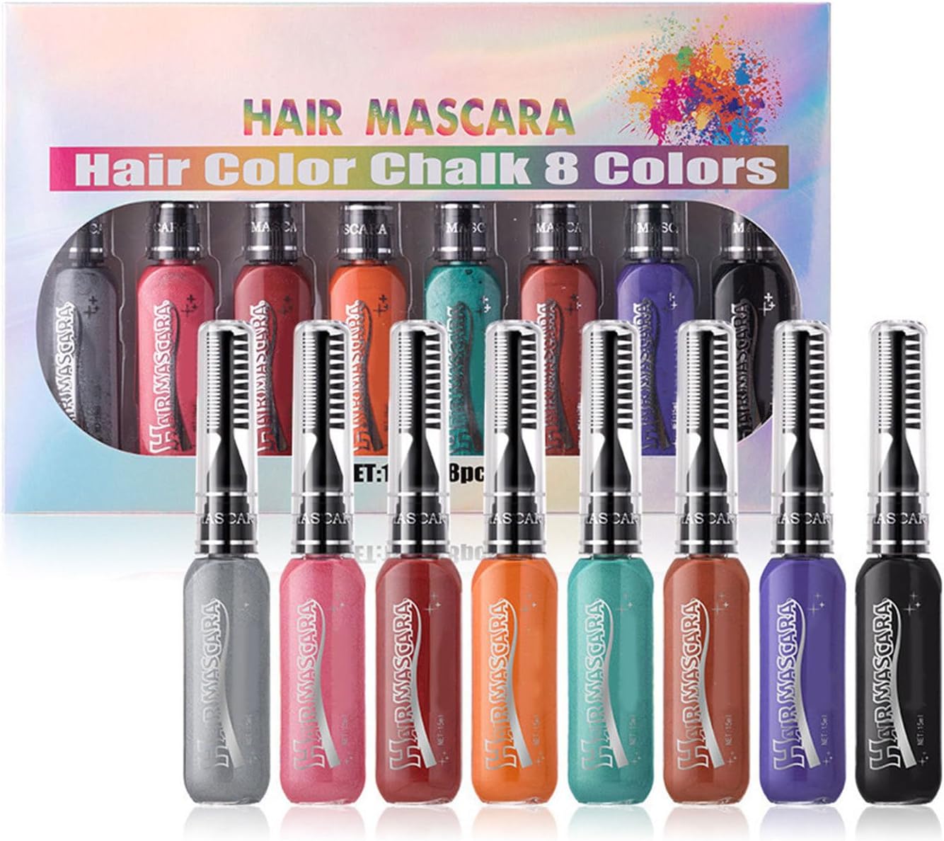 Hair Chalk Comb, Mascara Set, Washable Temporary Chalks, 8 Color Hair Dye Pile for Highlights, Vibrant Styling Accessories for Adults and Children, 9.45×5.71×0.75 Inches