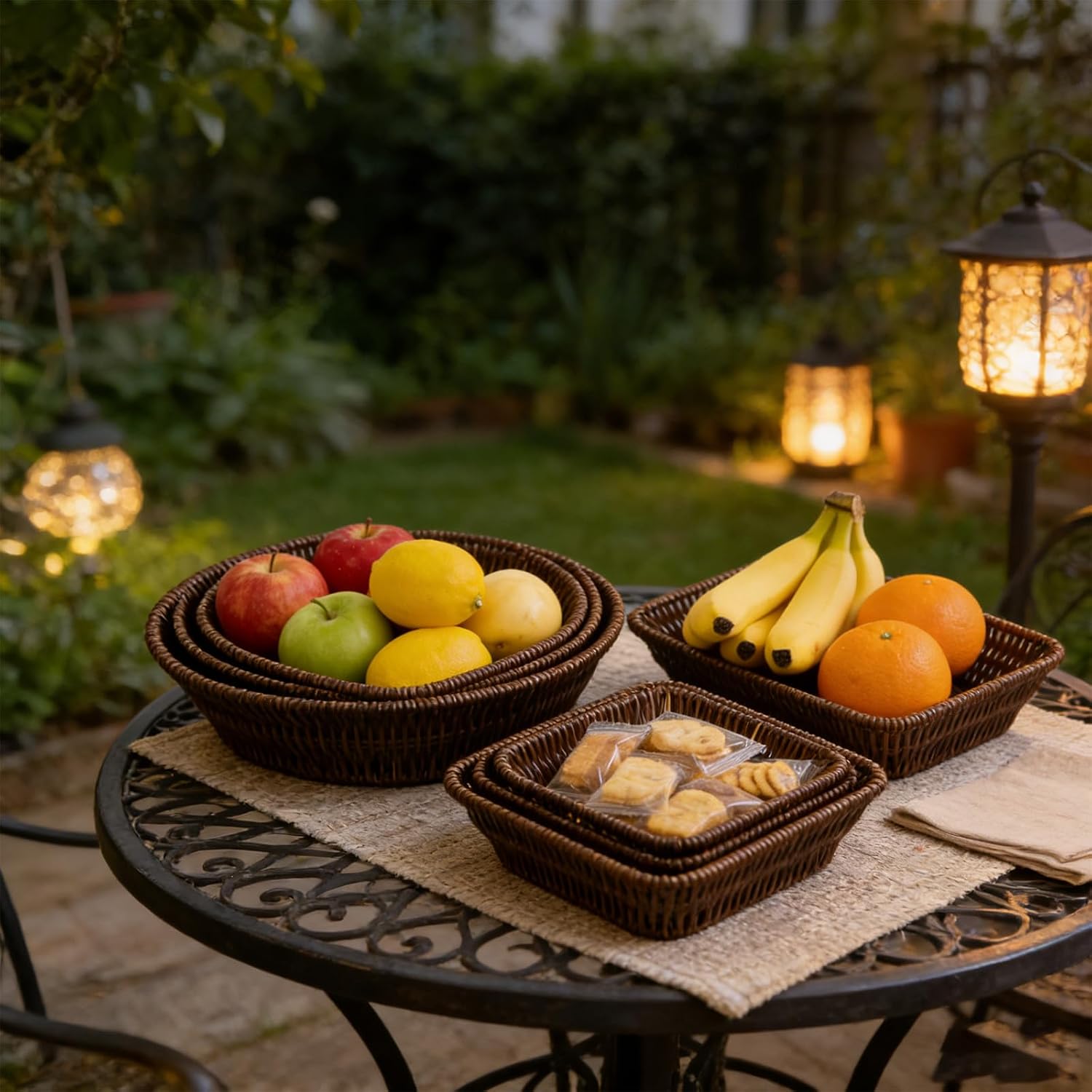 3 Pack Multi-Shape Poly Wicker Serving Baskets, Imitation Rattan Trays with Scalloped Edge, Hand Woven for Fruit, Vegetables, Snacks, Home & Hotel Use (3 Pack Rectangular Faux Rattan Baskets)