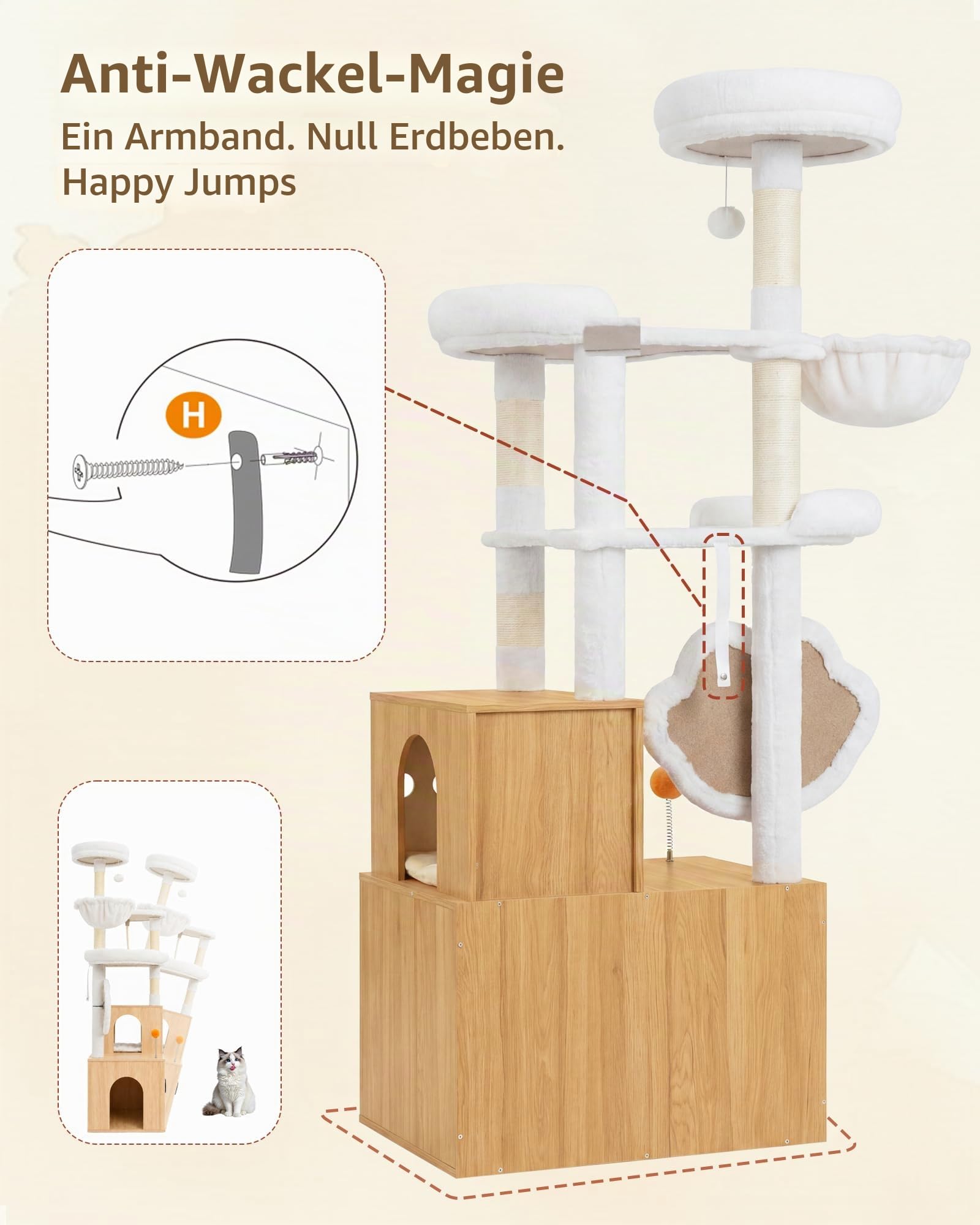 Heybly Kratzbaum mit Katzentoilette Versteck, 162 cm Katzenbaum für Wohnungskatzen, moderner Katzenkratzbaum aus Holz mit Katzenhaus, Liegeflächen, Kratzbrett, Spielzeug, Eiche Weiß HCT105BT