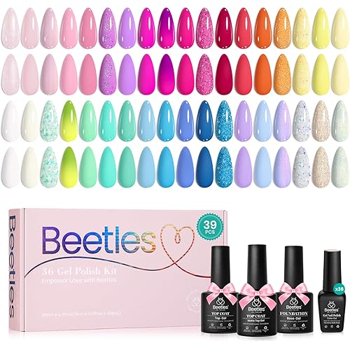 beetles Gel Nail Polish Set - 39Pcs Spring Gel Polish Pink Red Blue Purple Color Polish with Base Top Coat Soak off Uv LED Lamp Colorful Candies Manicure Kit Salon DIY Home Gifts for Women Girls