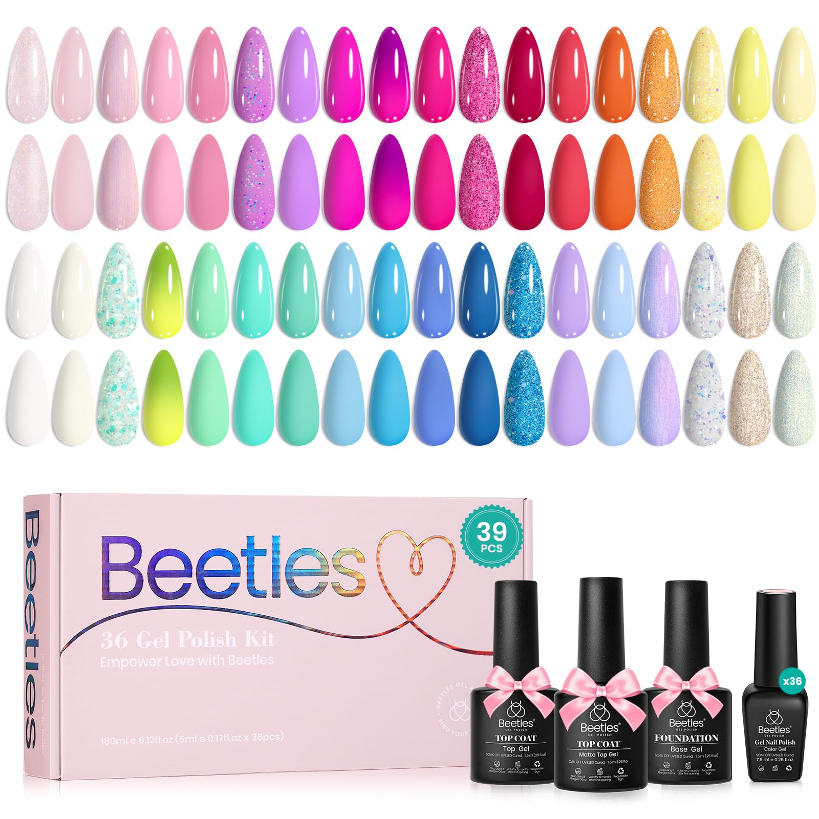 beetles Gel Nail Polish Set - 39Pcs Spring Gel Polish Pink Red Blue Purple Color Polish with Base Top Coat Soak off Uv LED Lamp Colorful Candies Manicure Kit Salon DIY Home Gifts for Women Girls