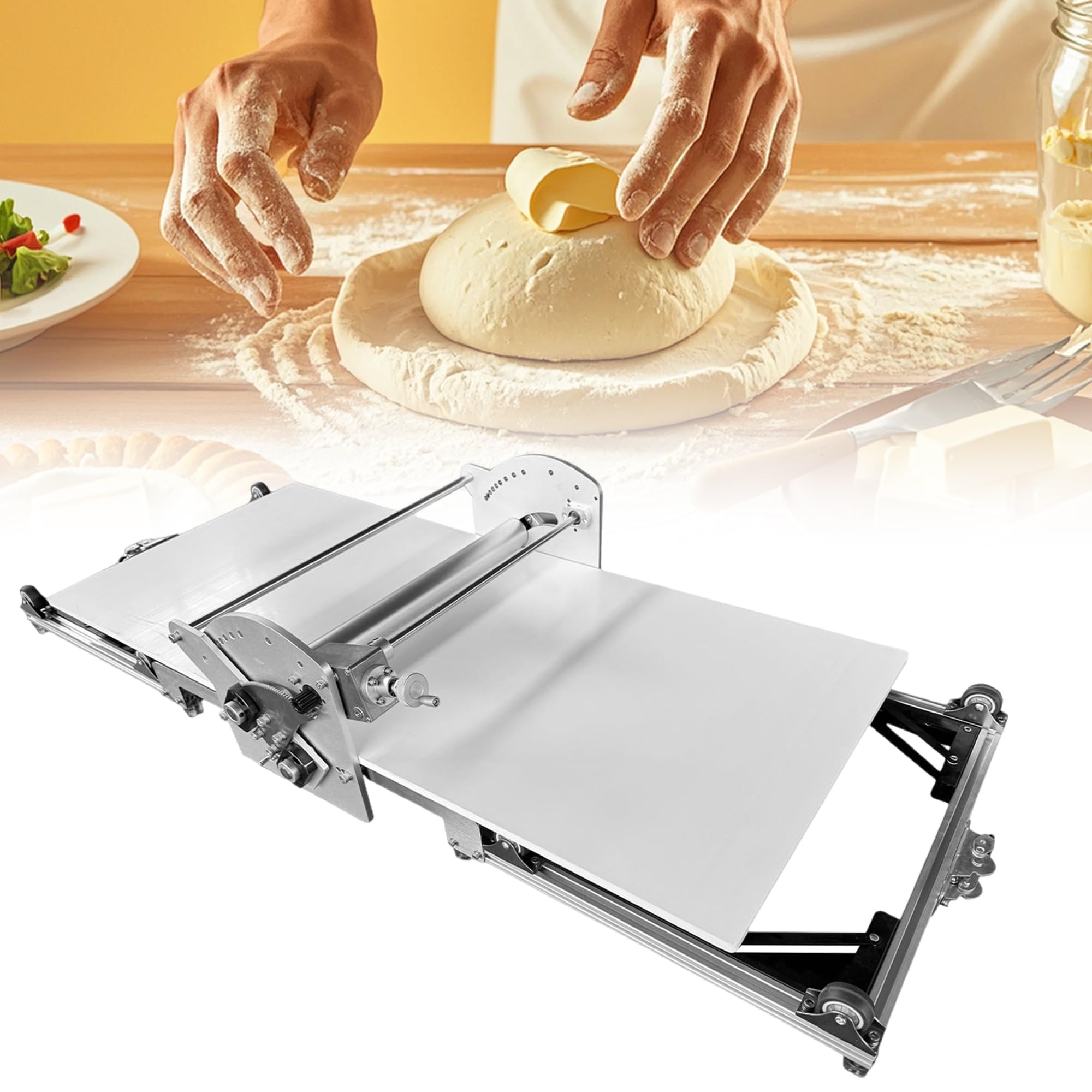 Sfogliatrice elettrica professionale per la panificazione domestica, struttura in acciaio inox. Controllo dello spessore da 2-30 mm, per croissant, pane danese, impasto per pizza e pasta fresca