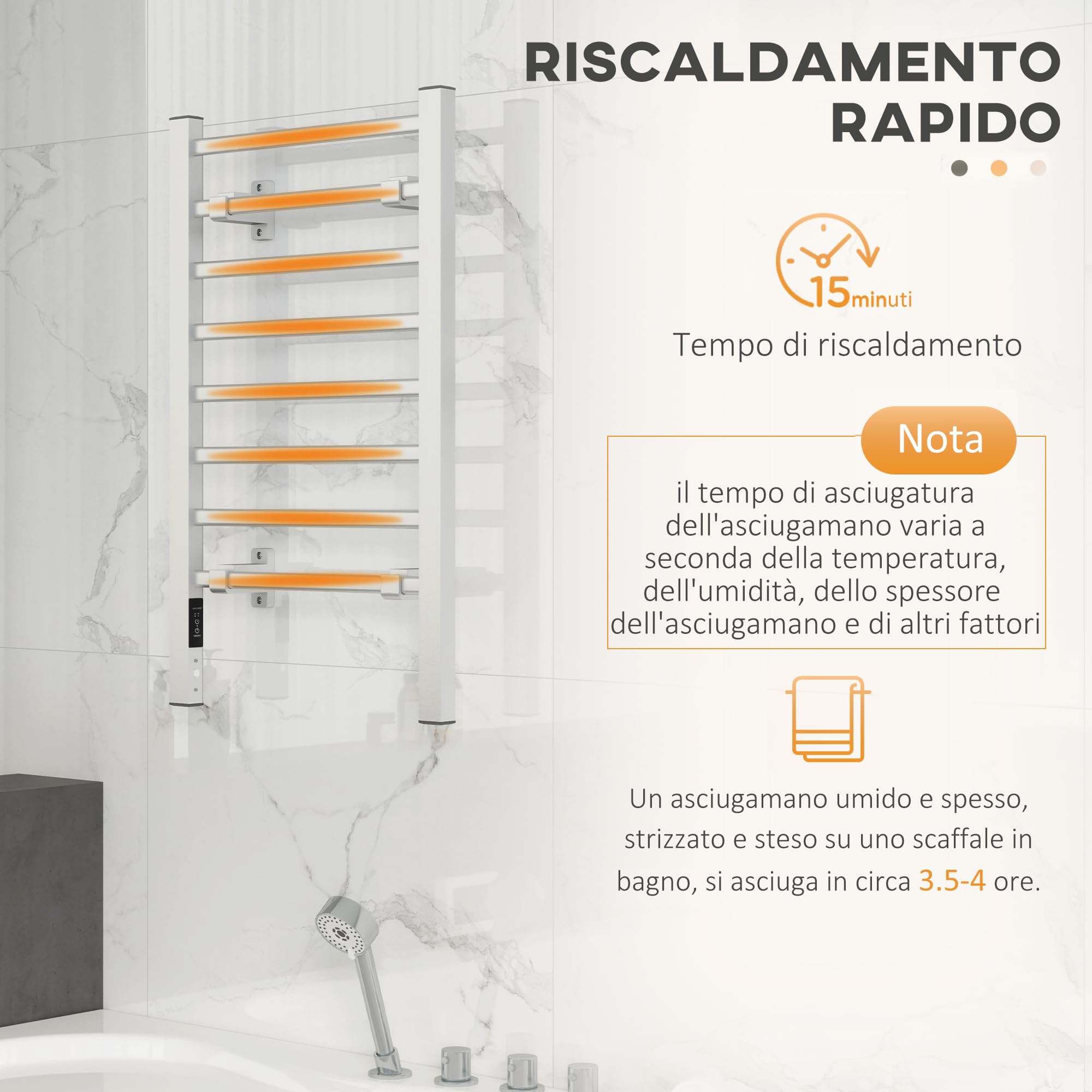 HOMCOM Calorifero Scaldasalviette da Terra o Parete 150W, Porta Asciugamani Riscaldato in Lega di Alluminio con 8 Barre e Timer da 2 o 4 Ore, Resistente all'Acqua, 53x35x90 cm, Argento
