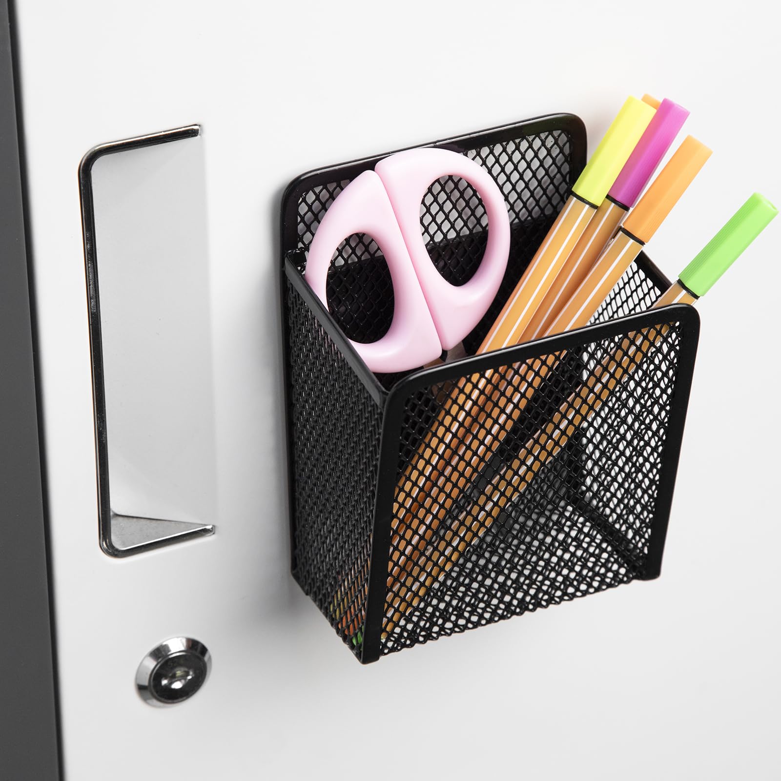 Magnetic Pen Holder Set - 4 Compartment Metal Mesh Organizer With Strong Magnets