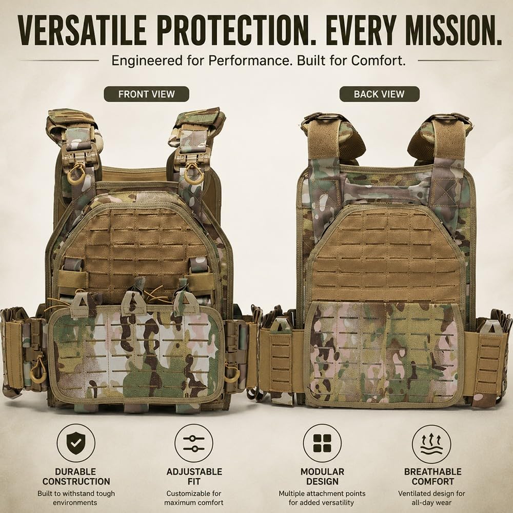 Chaleco Táctico Ajustable,Liberación Rápida Chaleco Modular Multibolsillos Acolchado Transpirable Chaleco Ligero para Airsoft Senderismo Camping Y Actividades Al Aire Libre