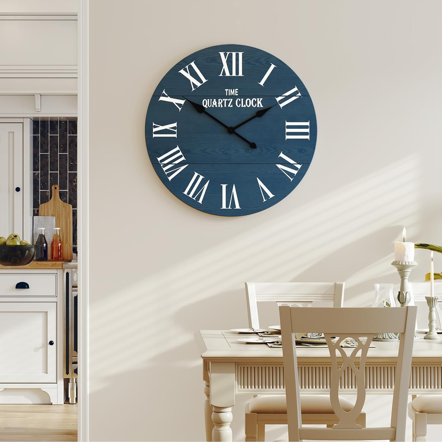 ARTPOWER Large Farmhouse Wall Clock, 24” Shiplap Wall Clock with Roman Numeral, Nearly Non-Ticking, Round Wall Clocks for Living Room Decor, Office, Bedroom, Entrance, Blue