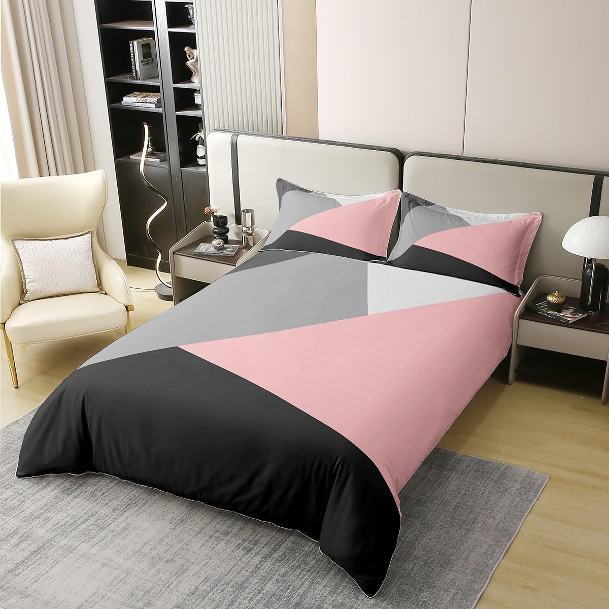 Homewish Coton, Ensemble De Literie 220x240 Rouge Noir Gris, Housse De Couette Géométrique En Patchwork Pour Enfants Garçons Filles, Parure De Lit Triangle Simple, Couvre-Lit Moderne