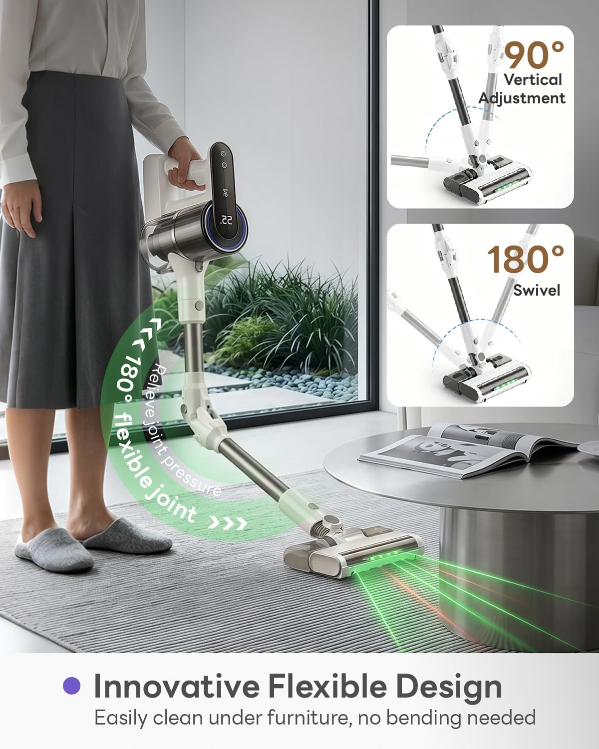 Aspirateur Balai Sans Fil, 15 000 Pa/40 000 RPM/30 Min, Aspirateur Laveur Autoportante avec Tube Pliable, Lumière Verte, Filtration Anti-Allergènes, pour Poils d'Animaux, Tapis, Sols Durs, Voiture