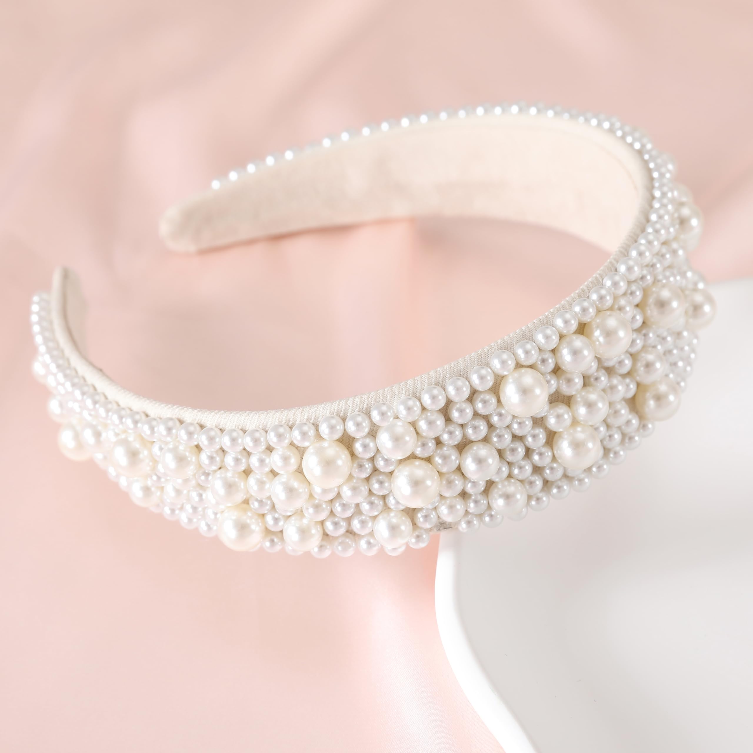 Gmmidea Wide Pearl Headbands for Women Little Girls Beaded Padded Headband Fashion Elegant Bridal Headband Holiday Decorative Hairband Cute Hair Accessories C-White