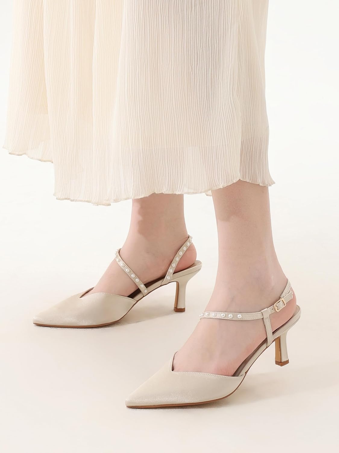 Shoe'N Tale Womens Pearl Kitten Heels Stiletto Pumps Closed Pointed Toe Ankle Strap Satin Dress Wedding Bride Shoes - Image 5