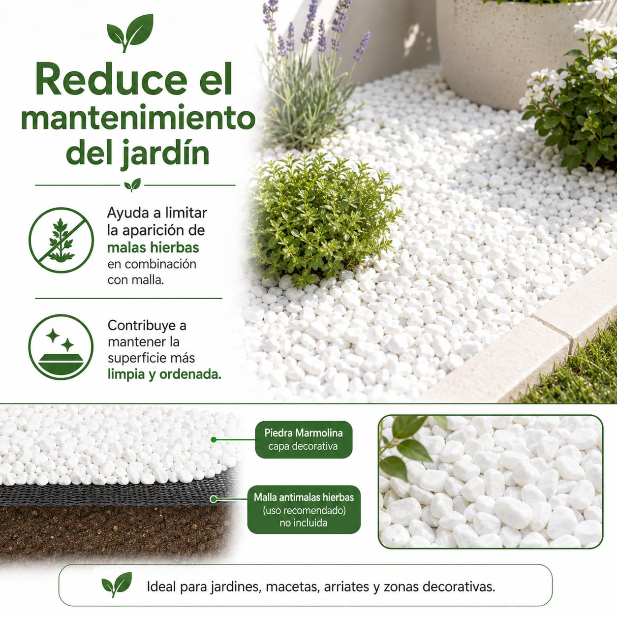 Piedras Blancas para Jardin y Terratios| Piedras Decorativas para Macetas | Ideal para Acuarios | Piedras Marmolina Blanca |Fácil Aplicación y Múltiples Usos (Saco 8/12 25kg)