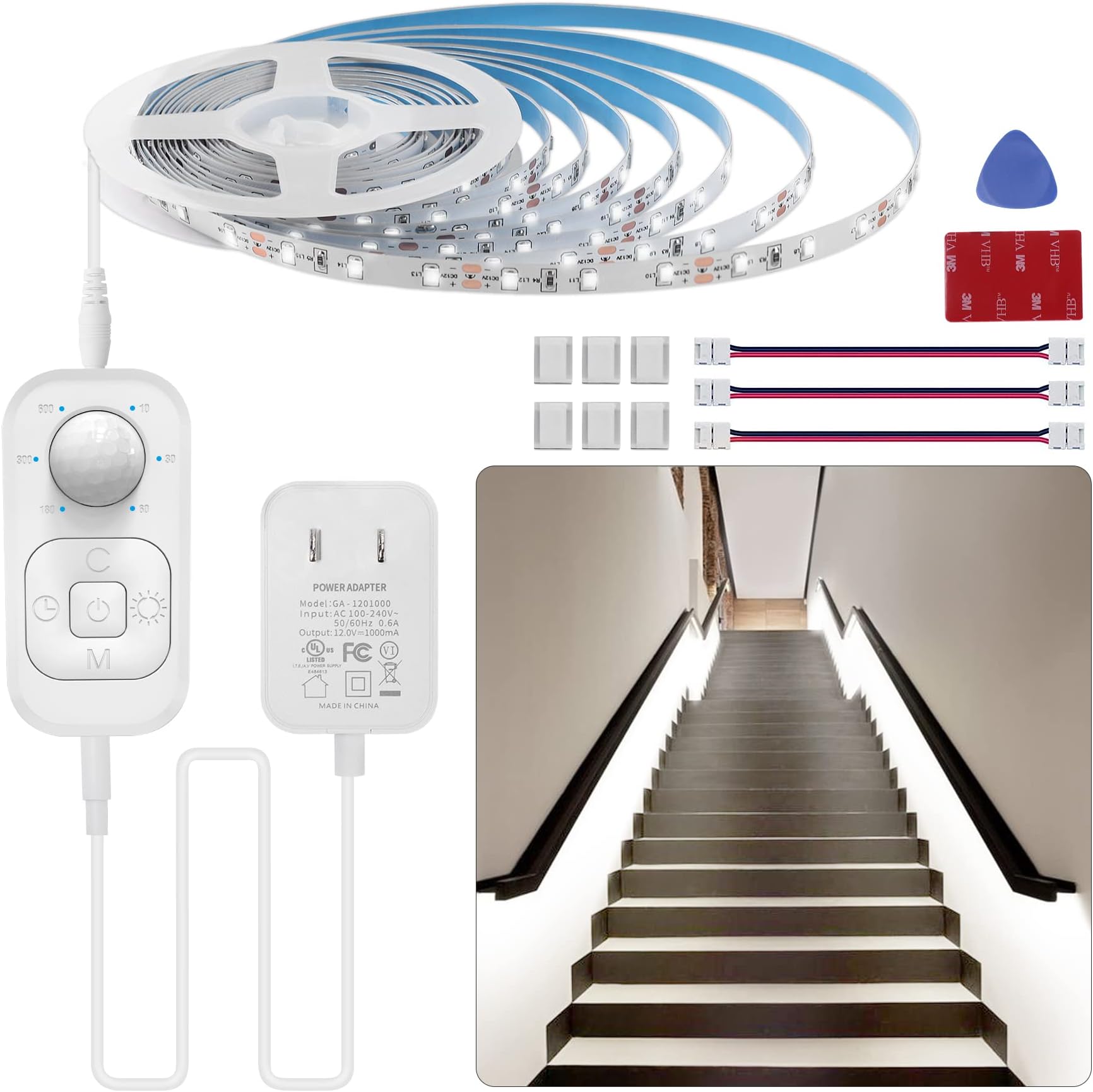 Motion Sensor Lights Indoor Plug-in LED Step Lights Strip with UL FCC Adapter Timer Dimmer Multi-Functional Controller for Stairway Kitchen Cabinet Bedroom Corridor Washroom Counter Shelf Showcase
