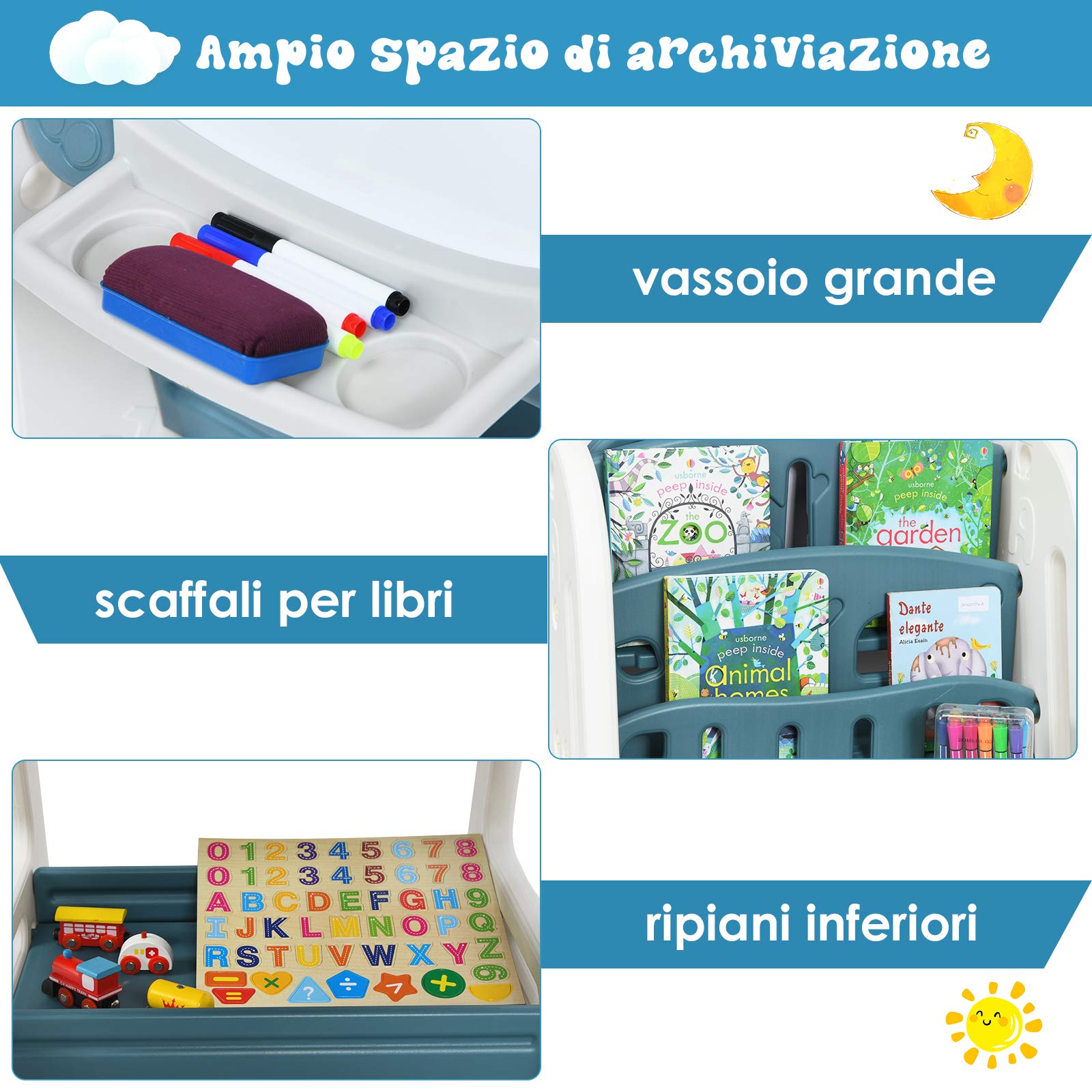 COSTWAY Set 2 in 1 Cavalletto per Bambini, Lavagna Magnetica Multifunzione Bifacciale, Libreria Bambini Altezza Regolabile, con Sedia e Accessori (Blu)