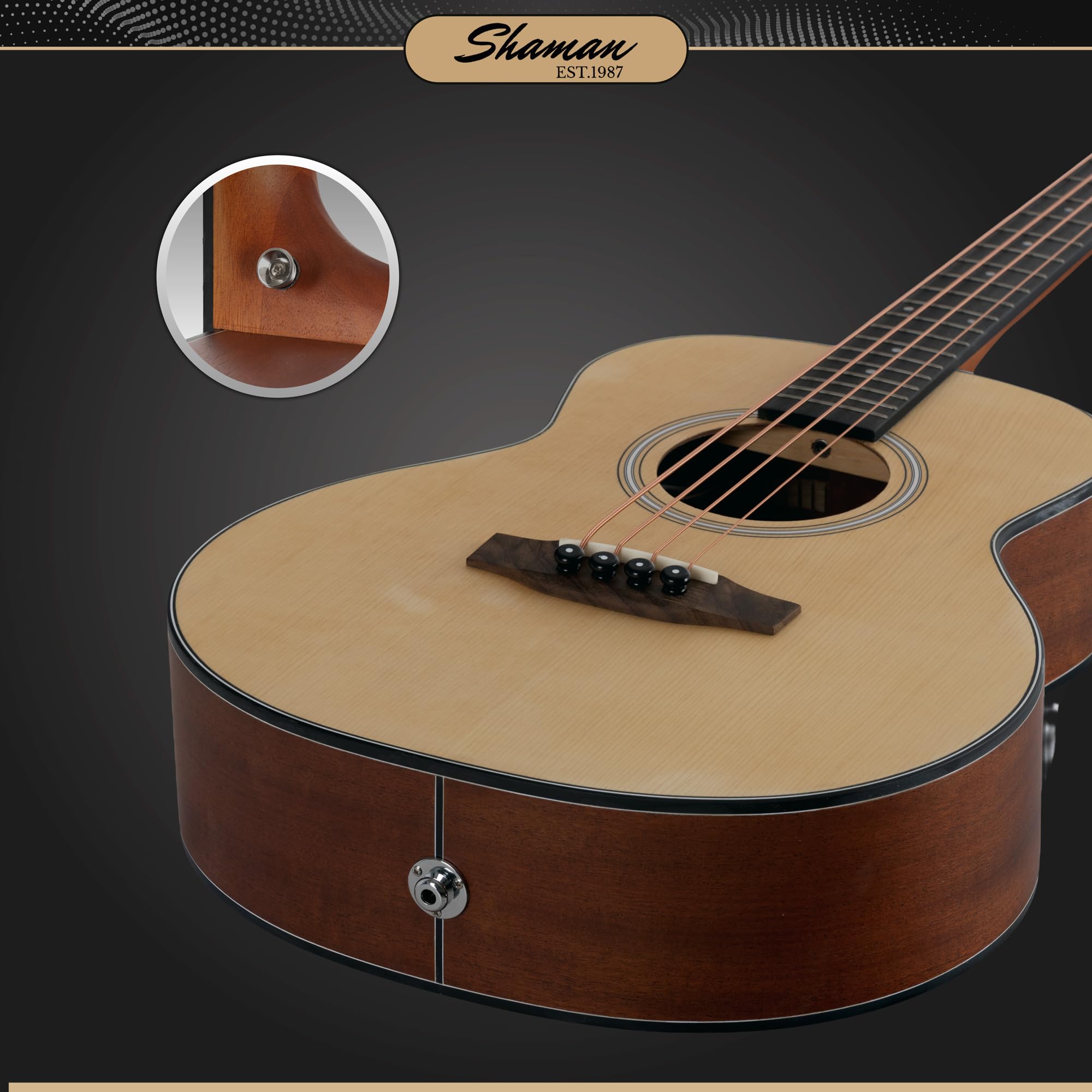 Shaman ABM4-50E-NT Akustik Bass 4-Saiter - kompakter Short-Scale Bass mit eingebautem Tonabnehmer, Piezo-Elektronik & Stimmgerät, Mahagoni & Fichte Korpus, ideal für Bühne & Zuhause - Natur