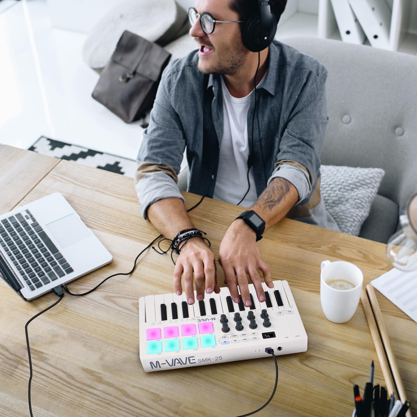 M-VAVE Controlador Midi, Musik-Arrangement Keyboard Mini 25 Teclas MIDI Electrónico Controller Pad Batería Incorporada SMK-25 Blanco