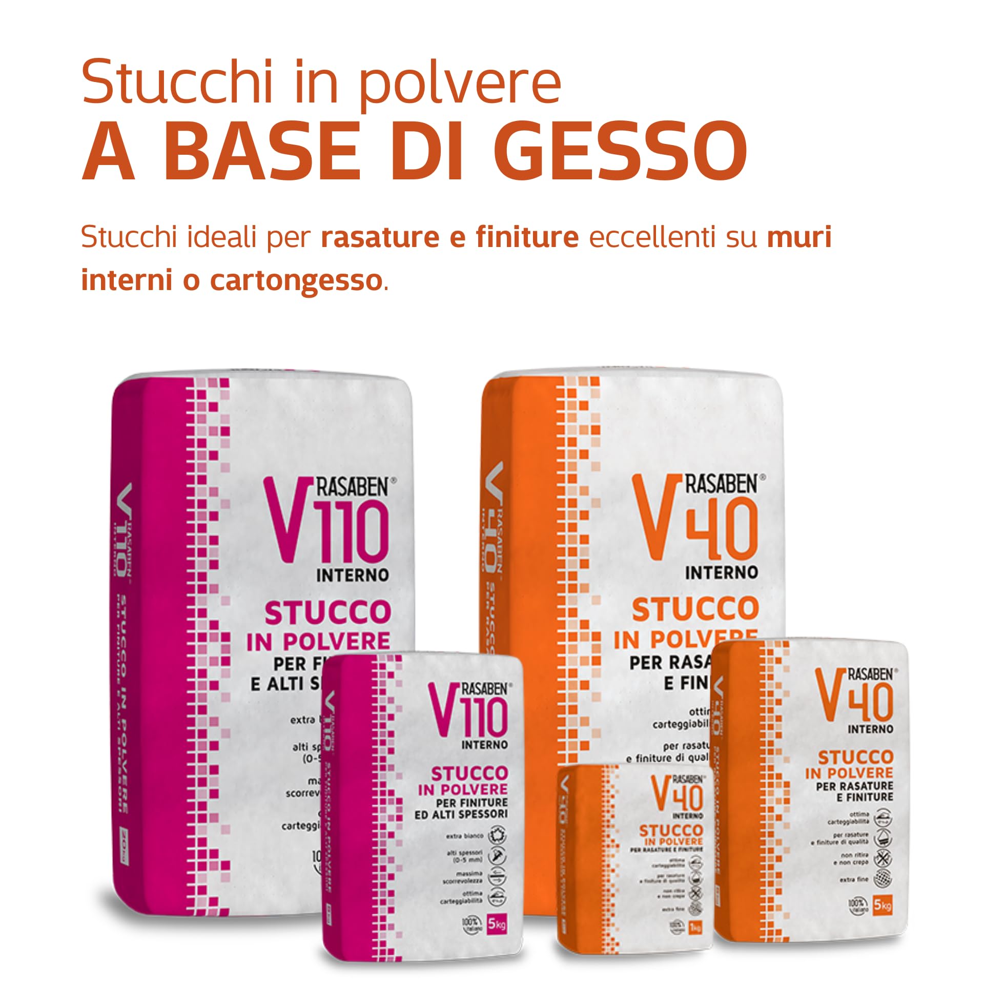 RASABEN - Stucco in Polvere V40 Extra Fine a Base di Gesso per Rasature e Finiture, Ottima Carteggiabilità, Non Ritira o Crepa, per Muri Interni e Cartongesso, Made in Italy, Sacco da 20kg