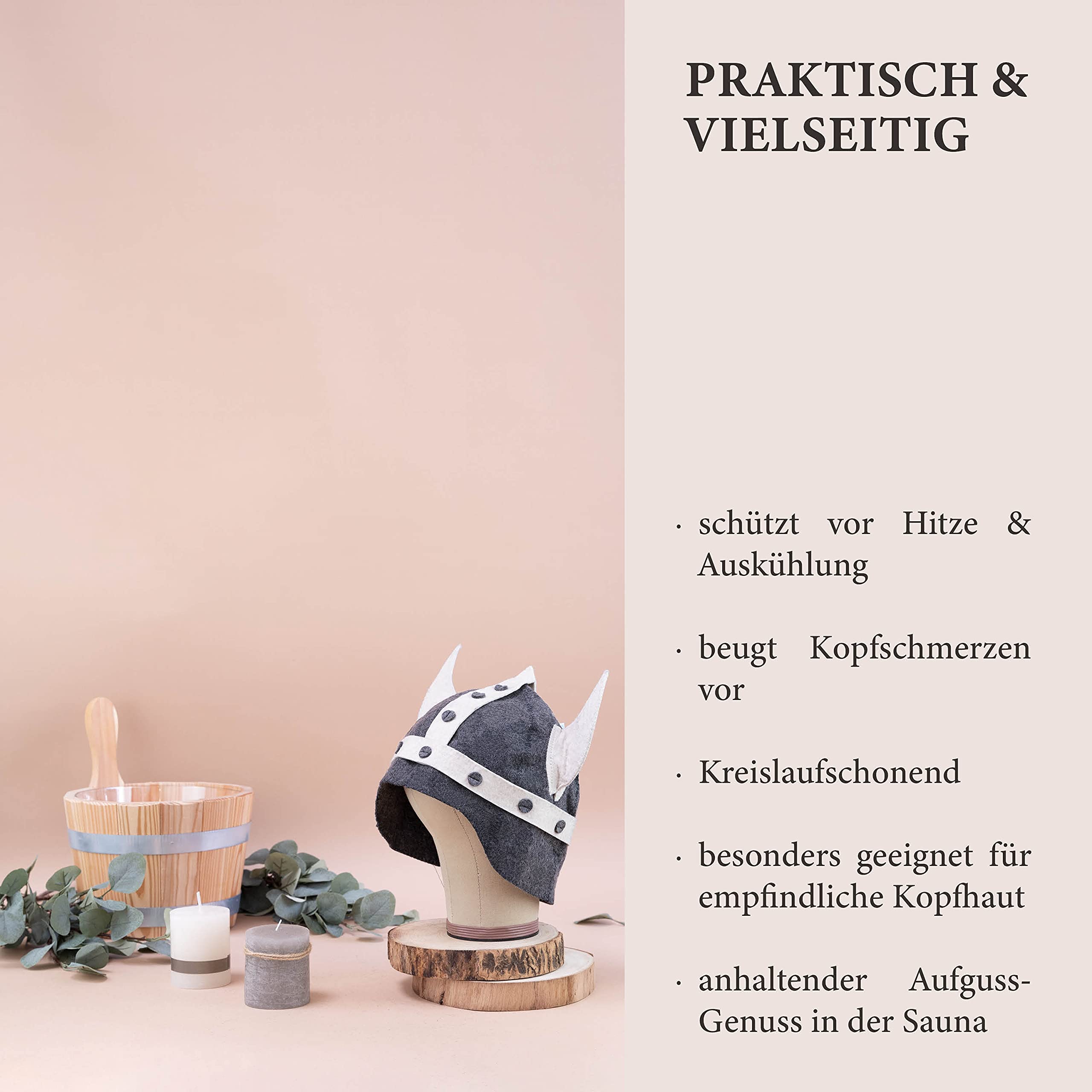 LoWell® czapka do sauny – filcowa czapka dla kobiet i mężczyzn, w zestawie poradnik użytkownika sauny – idealny dodatek do sauny dla wyjątkowego doświadczenia spa – czapka do sauny z motywem germańskiego hełmu (ciemna)