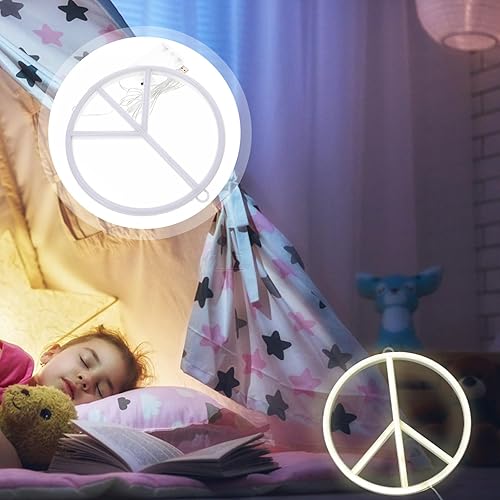 Miniatura 3 de OSALADI Luz de neón con símbolo de la paz, funciona con pilas y alimentada por USB, lámpara de noche LED para dormitorio, sala de estar y decoración