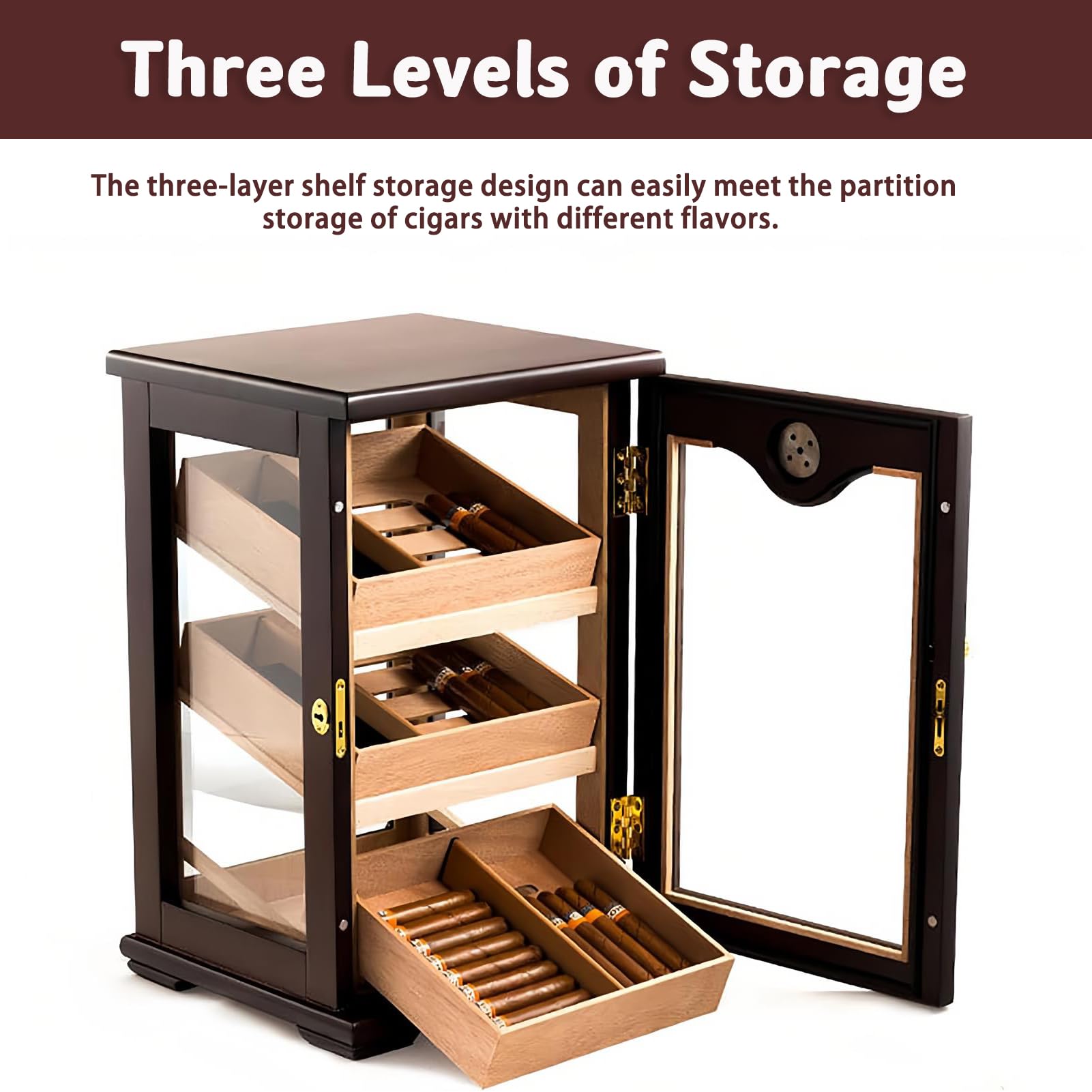 Gabinete de humidor de Madera de Cedro Hecho a Mano con Puerta de Vidrio y 3 cajones Grandes, Ideal para el Almacenamiento y Regalo de cigarros