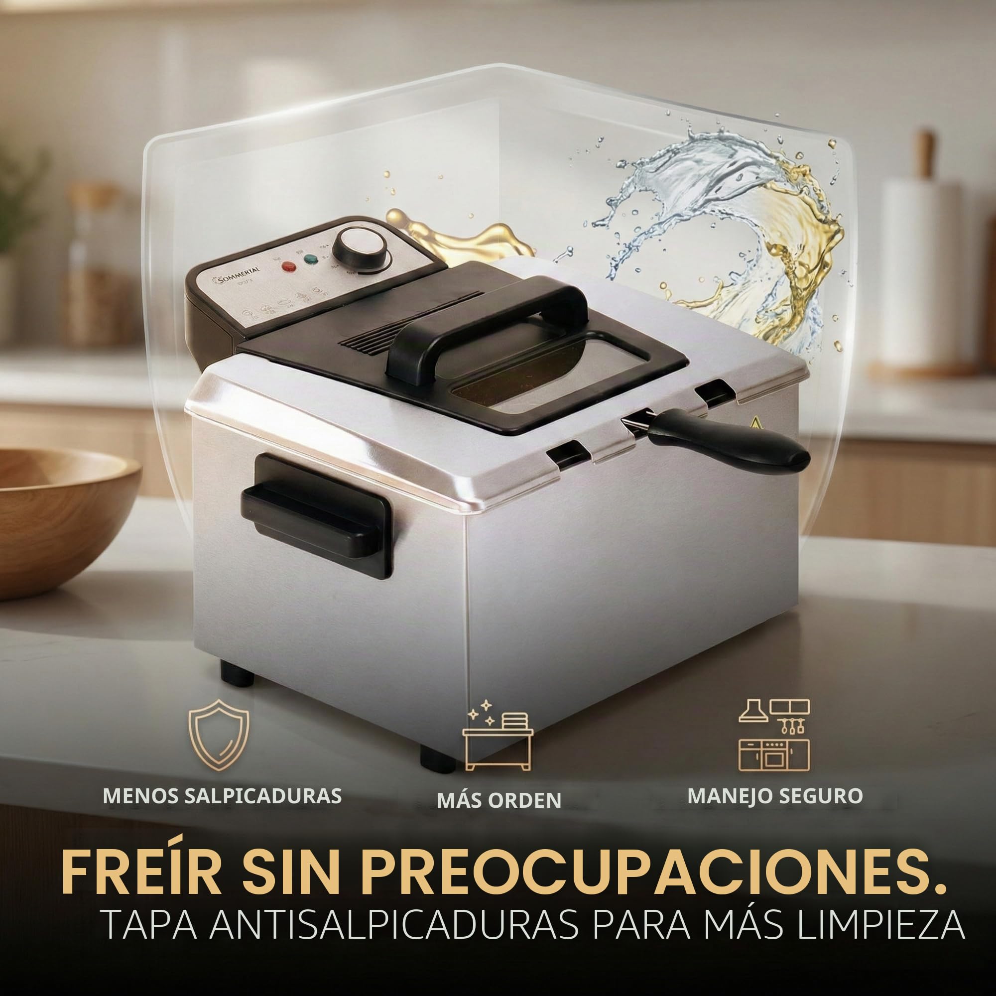 Sommertal Freidora Doble XXL con aceite o grasa - 3 cestas, 5 litros, 3000 W, zona fría, DF3270 - Freidora de acero inoxidable auténtica para patatas fritas crujientes