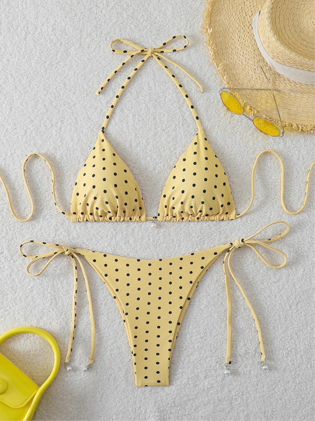 Bikini Donna Polka DOT Set Perla Dettaglio Triangolo Stringa Costume da Bagno-Black-s