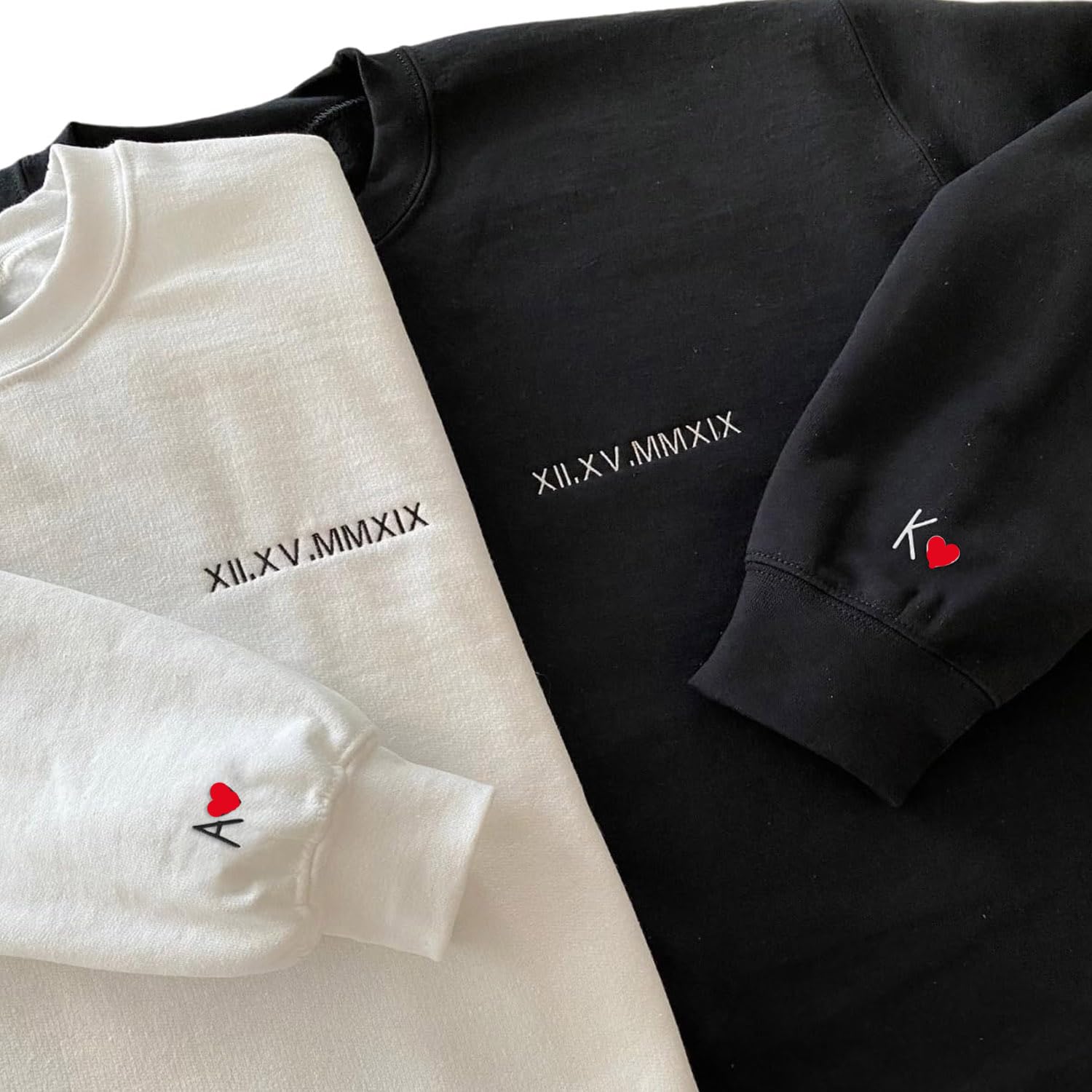 Custom Embroidered Roman Numeral Date Crew Sweatshirt Sweaters/Couples Special Day Date/Initials on Sleeve/Wedding Day Anniversary Birthday Lovers Gift White