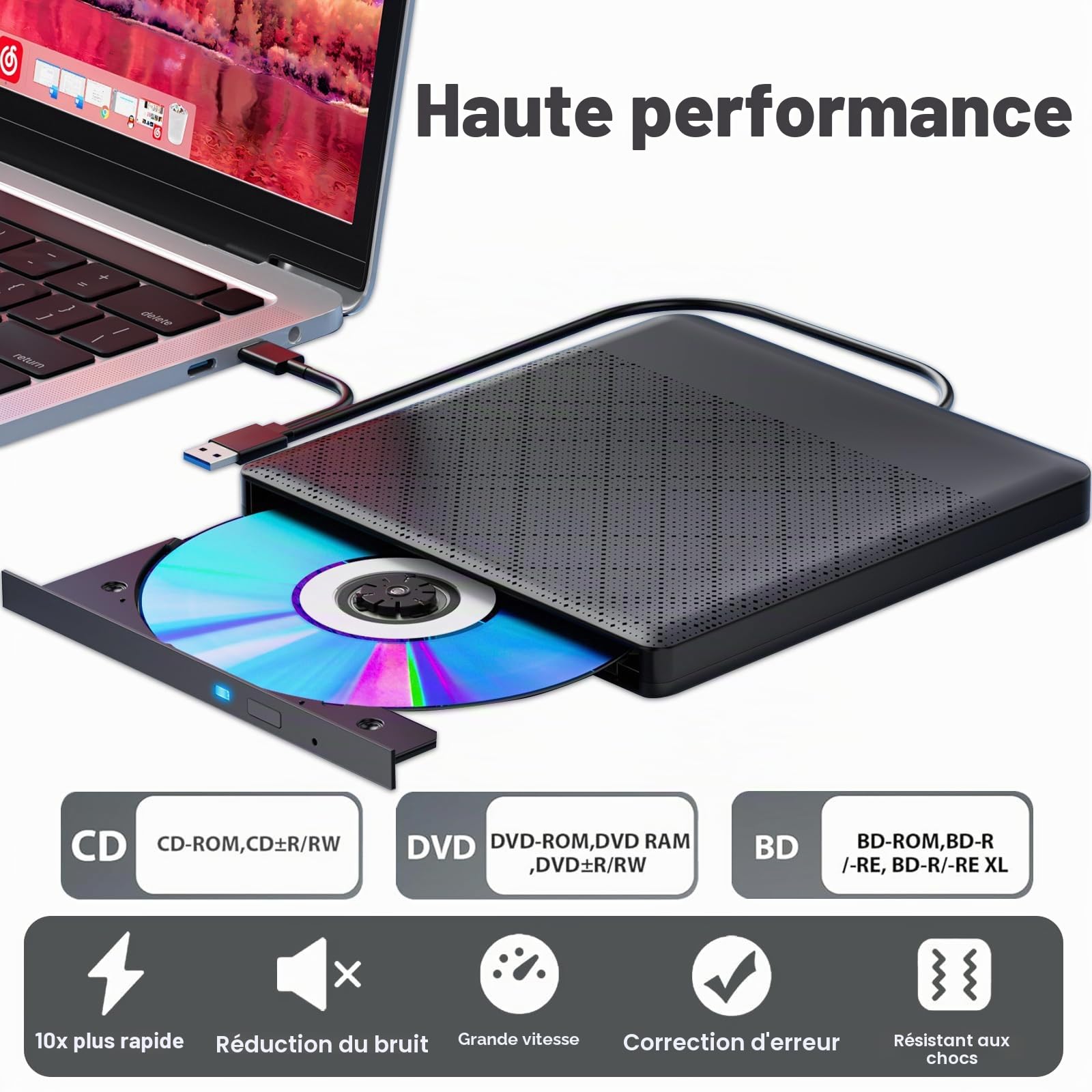 Lecteur Blu-ray externe DVD/BD lecture/écriture Lecteur Blu-ray portable USB 3.0 et enregistreur DVD de type C 4K Ultra Haute définition Enregistreur Blu-ray pour Win7/8/10/11/PC