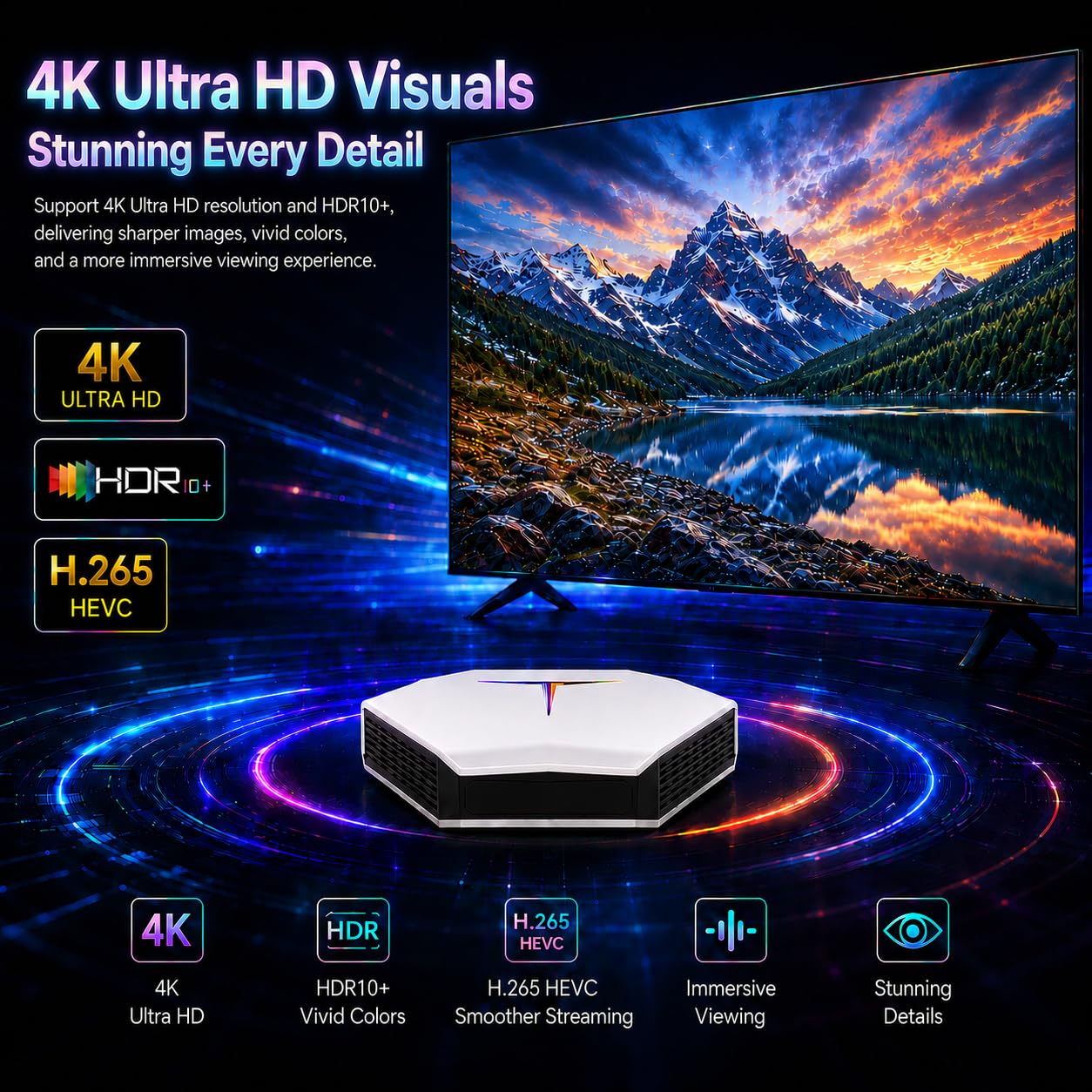 Boîtier TV Android 4Go 64Go 4K UHD WiFi 6 Quad-Core Lecteur à Quatre cœurs