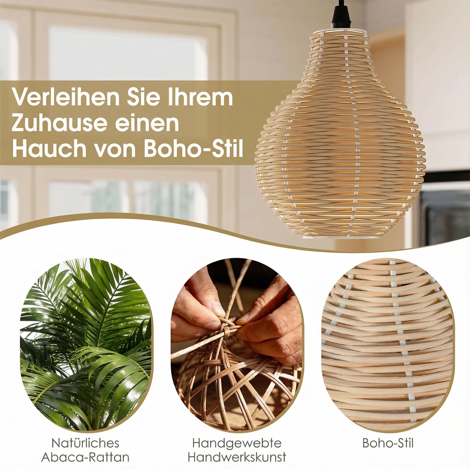 COSTWAY 3-Flammig Hängeleuchte, Boho Rattan Pendelleuchte über Esstisch, handgewebter natürlicher Korb-Kronleuchter mit verstellbarer Höhe für Kücheninsel, Esszimmer, Wohnzimmer