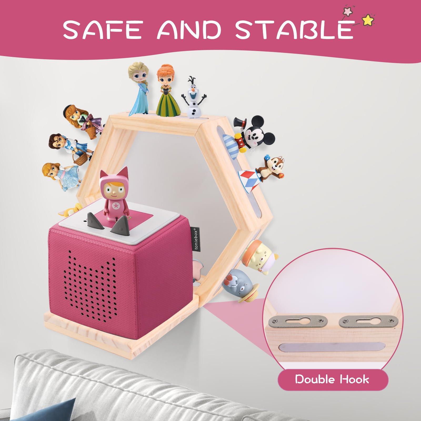 Givilio Tonie Regal Wabe (3er Set) – Wandregal aus Holz für Toniebox Starter & Figuren – Magnetische Hexagon-Schweberegal Aufbewahrung für Toniebox Player & Spielzeug (Natur)