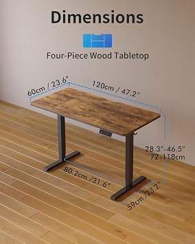 Cubiker Electric Standing Desk 120 x 60 cm, Height Adjustable Sit Stand Desk with Memory Presets, Home Office Computer Desk, Black Frame with Vintage Brown Top