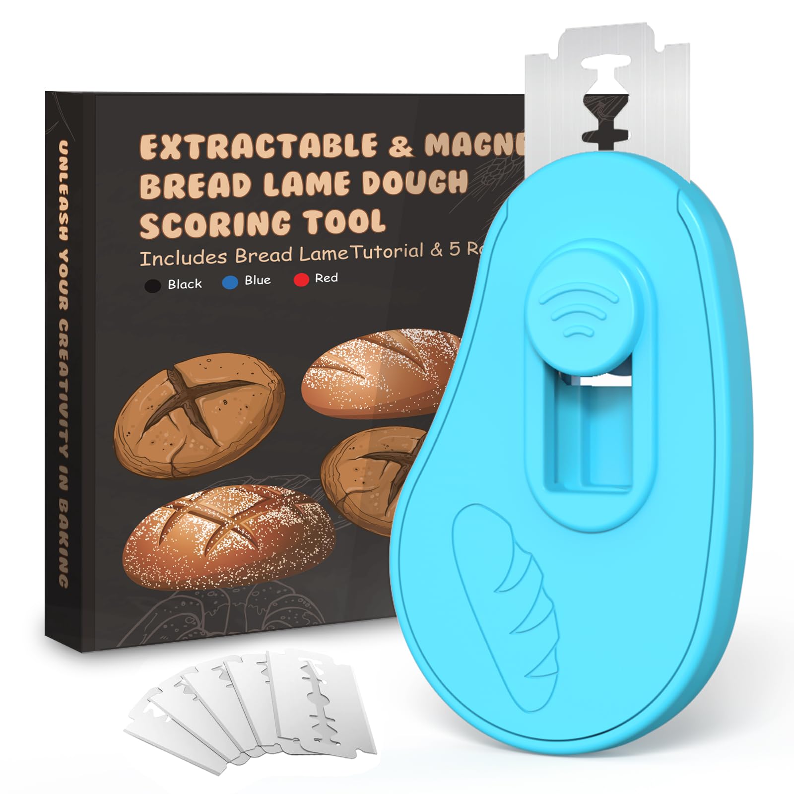 Extractable & Magnetic Bread Lame Dough Scoring Tool - Professional Sourdough Scoring Tool - Sourdough Bread Baking & Bread Scoring Tool - Scoring Patterns booklet & 5 Razor Blades (Blue)