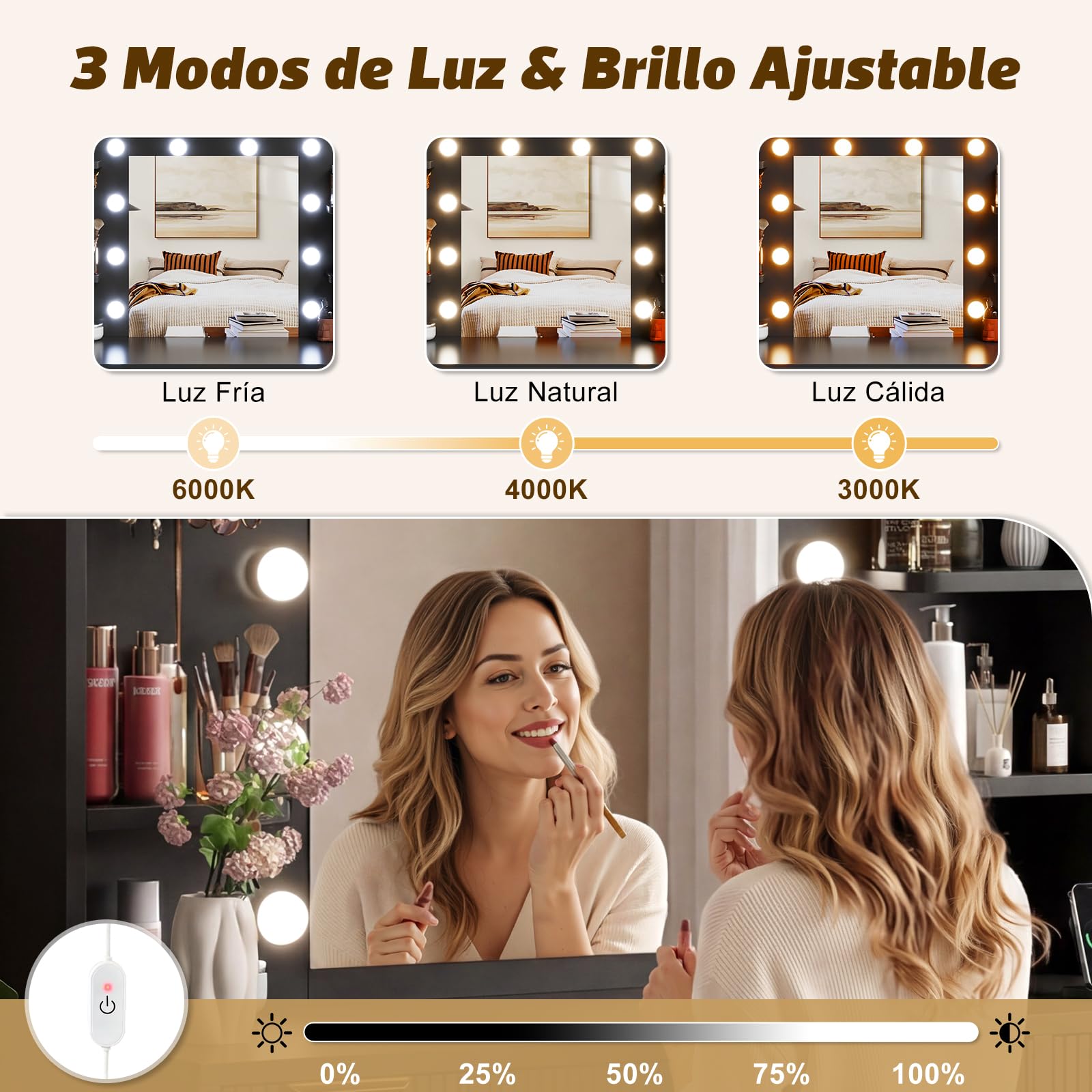 Devoko Tocador Estriado con Espejo y 10 Bombillas LED, Brillo Ajustable, Mesa de Maquillaje con 9 Cajones, Regleta de Enchufes y Soporte para Secador de Pelo (Negro)