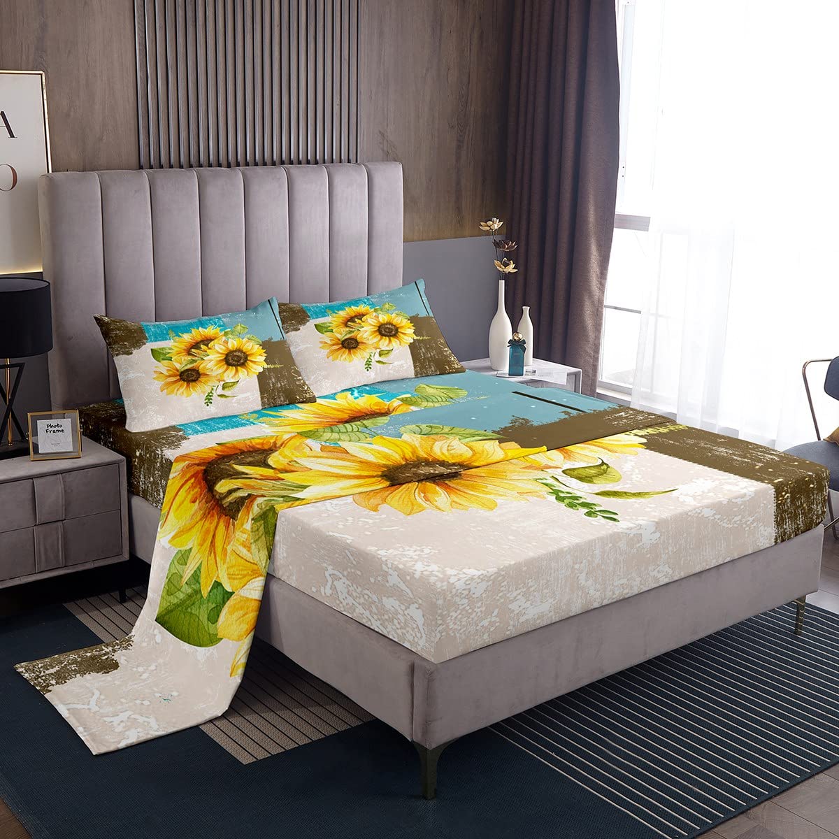 Abstract Sheets with Deep Pocket Fitted Sheet Sunflowers Yellow Flroral Sheet Set for Boys Girls Children Grey Blue
