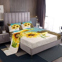 Abstract Sheets with Deep Pocket Fitted Sheet Sunflowers Yellow Flroral Sheet Set for Boys Girls Children Grey Blue