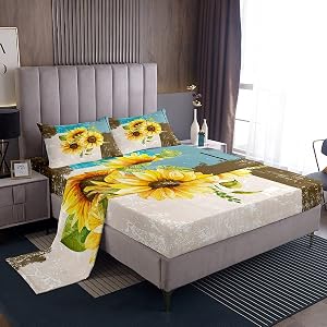 Abstract Sheets with Deep Pocket Fitted Sheet Sunflowers Yellow Flroral Sheet Set for Boys Girls Children Grey Blue