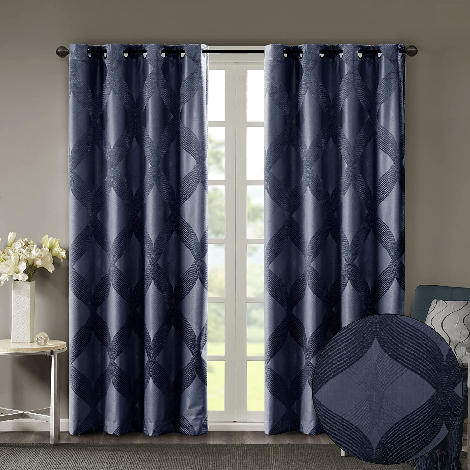 sun smart bentley total blackout curtains window, ogee knitted jacquard, grommet top living room decor, thermal insulated light blocking drape for bedroom and apartments, 50x95, navy