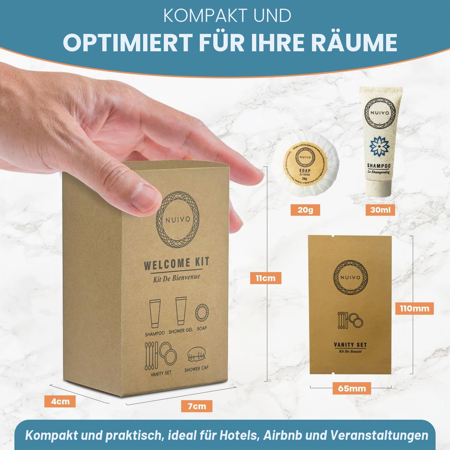 50 Stück Umweltfreundliches Starter-Set für Hotel, Airbnb, Gîte, Hochzeit, Seminar – Mini-Shampoo, Duschgel, Seife, Kosmetikset, Badekappe – parabenfrei, Reisegröße