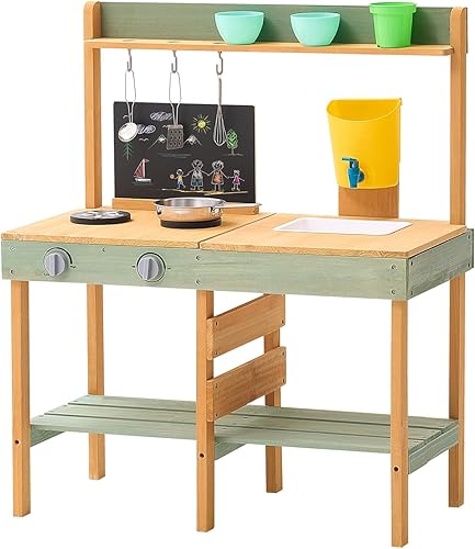 VEVOR Cocina de barro para niños al aire libre, juego de cocina de madera para niños, juego de cocina para niños con maceta, estufas, tanque, grifo,