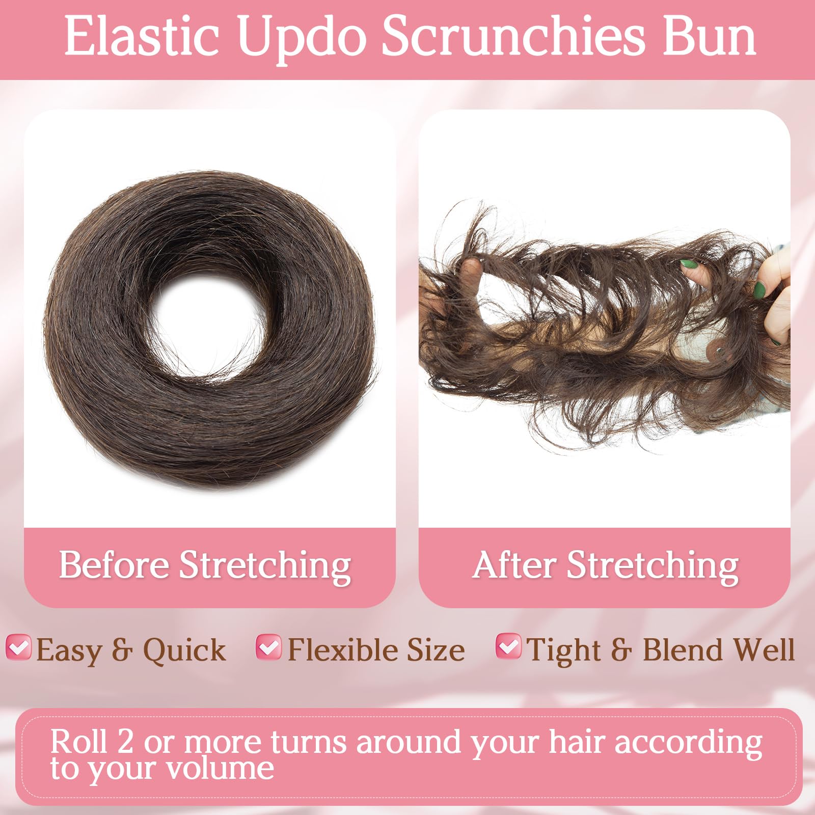 Benehair Human Hair Messy Bun Straight Hair Scrunchies for Women Elastic Hair Bun Hairpiece Donut Accessories #2 Dark Brown 17g - Image 4