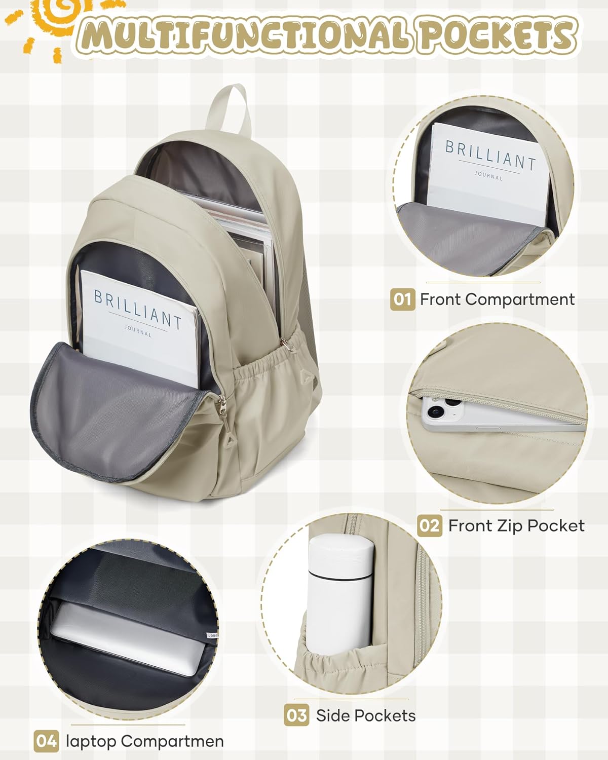 winspansy Backpack for School Teenage Girls Boys,Waterproof Lightweight School Bags Travel Daypack Simple Cute College Backpack Rucksack for Women Men fit 14 Inch Laptop,Khaki - Image 4