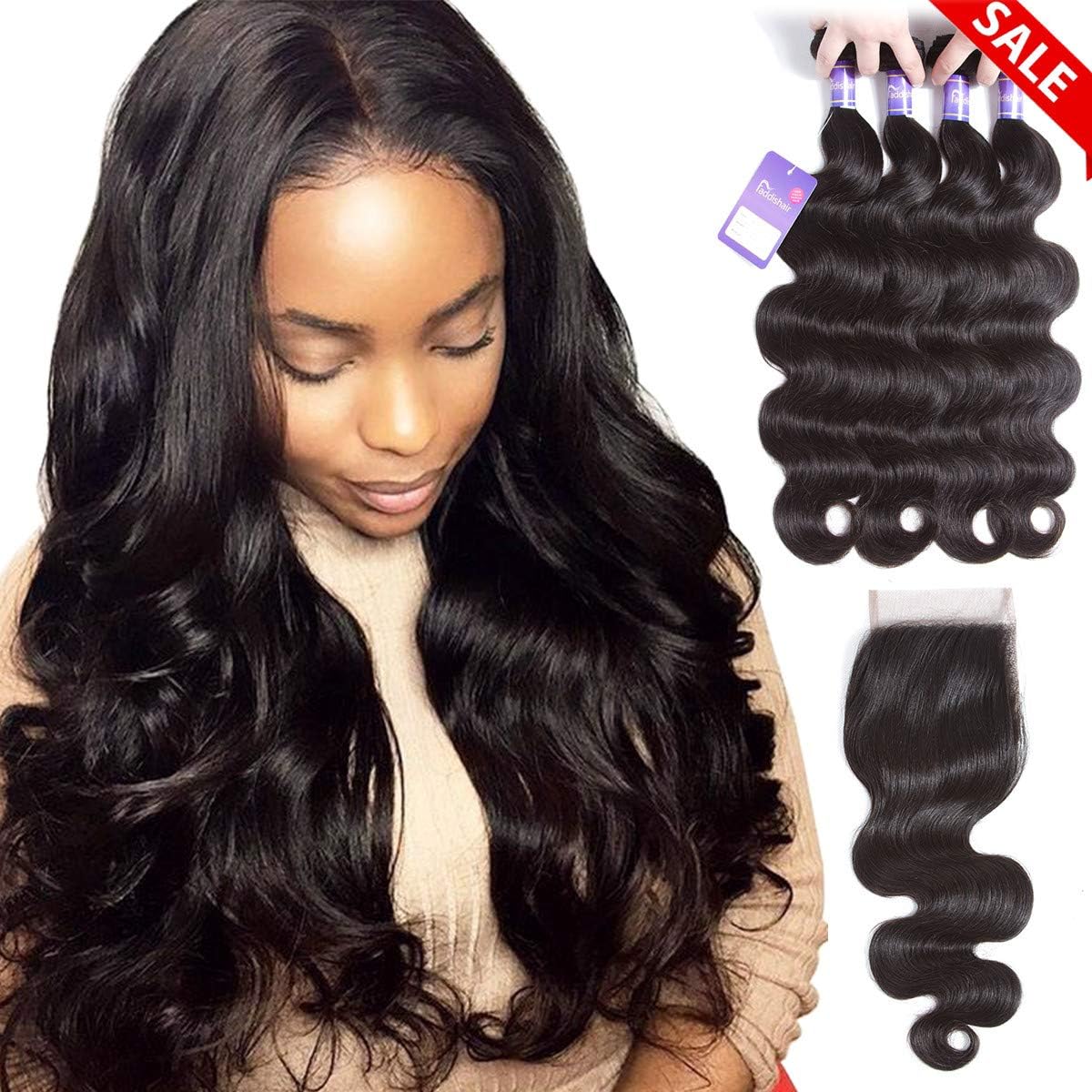 Faddishair Brazilian Body Wave 4 Bundles with Closure 100% Unprocessed Virgin Human Hair 7A Brazilian Bundles Natural Black Human Hair (14"16"18"20"+14" Closure,Free Part)