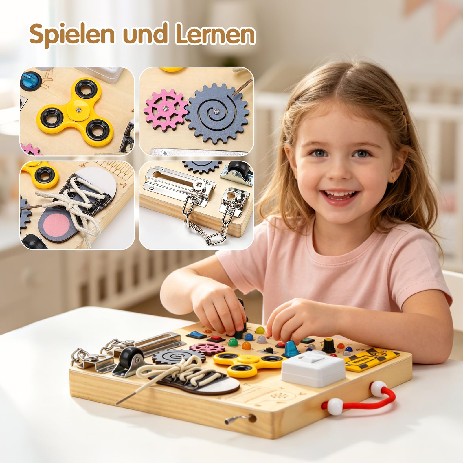 Montessori Busy Board Activity Board ab 1 Jahr,Lernspielzeug Motorikspielzeug Sensorik Spielzeug Holzspielzeug,Leuchten Sensory Learning Spielzeug mit Musikwerk & Farbmischfunktion