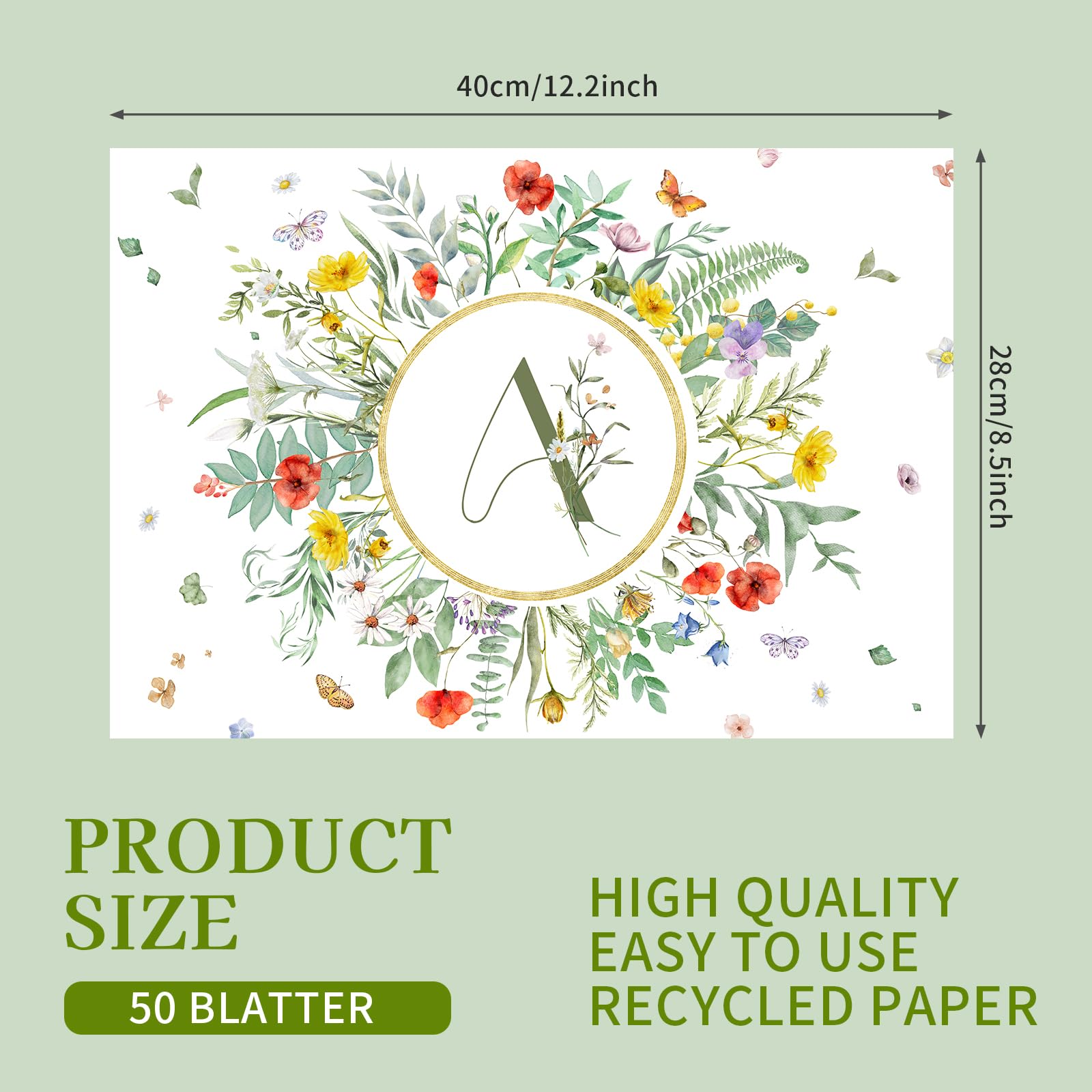 50 Stück Blume Schmetterling Papier Tischsets, Einweg Platzsets mit Initiale S, Platzdeckchen Frühling Sommer Küche Esszimmer Tischdeko Drinnen Urlaub für Hochzeit Geburtstag Taufe Party 40x28cm