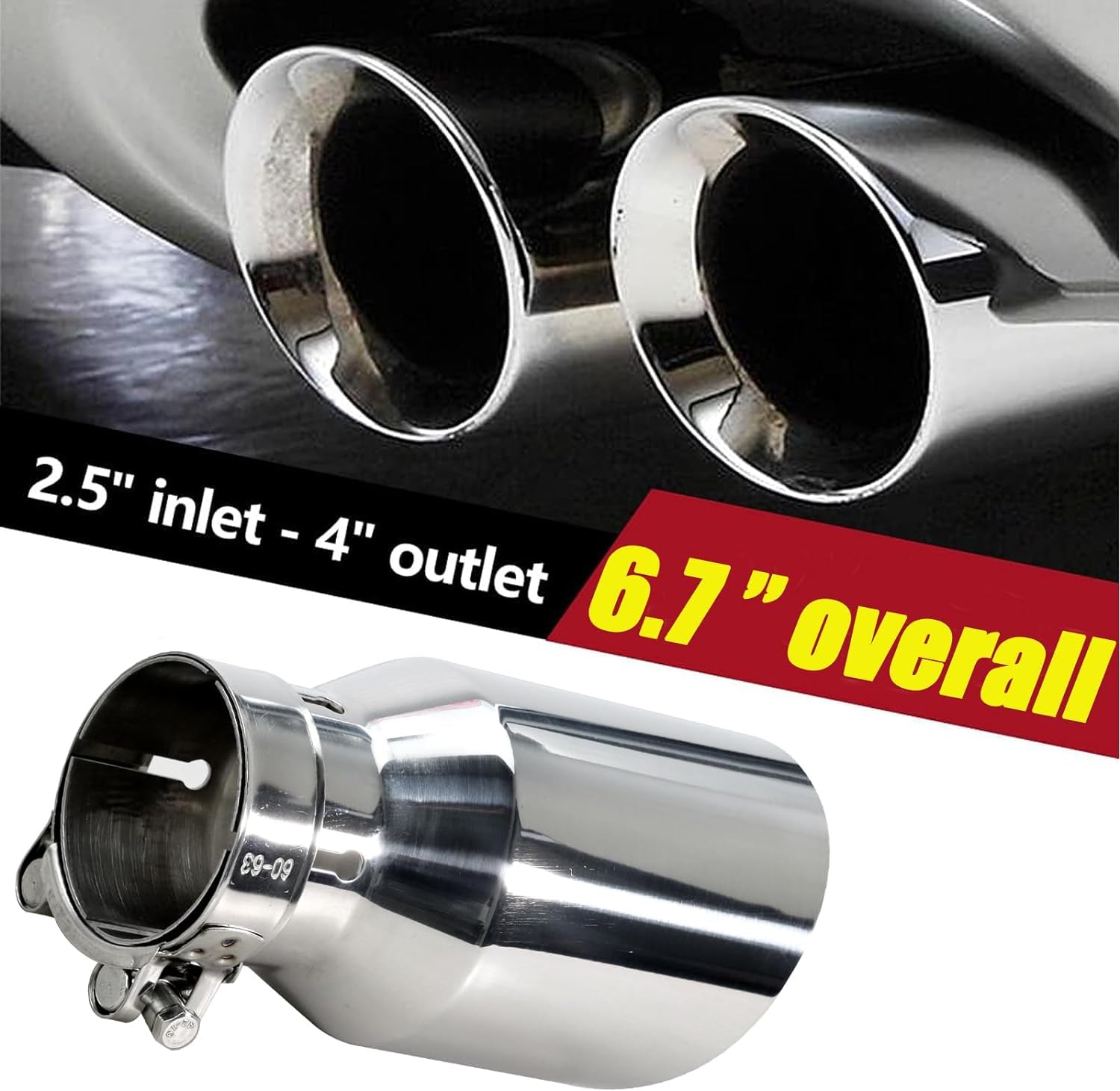 63MM(2.5") Punte Di Scarico Silenziatore Tubo Di Scarico Coda Terminale Uscita 101MM (4")170MMTubo Di Scarico Cromato In Acciaio Inossidabile Di Lunghezza Totale